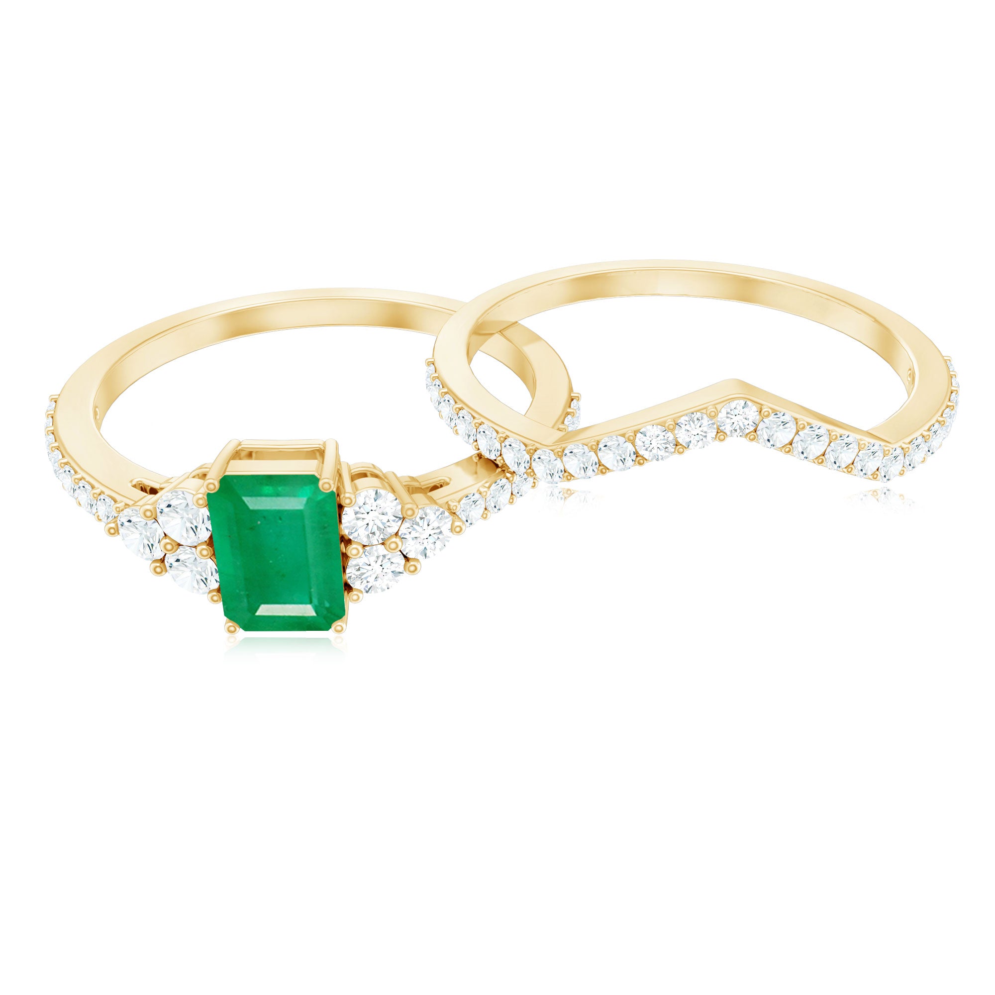 Genuine Emerald Cut Emerald Diamond Bridal Ring Set of 2 AAA - Rosec Jewels