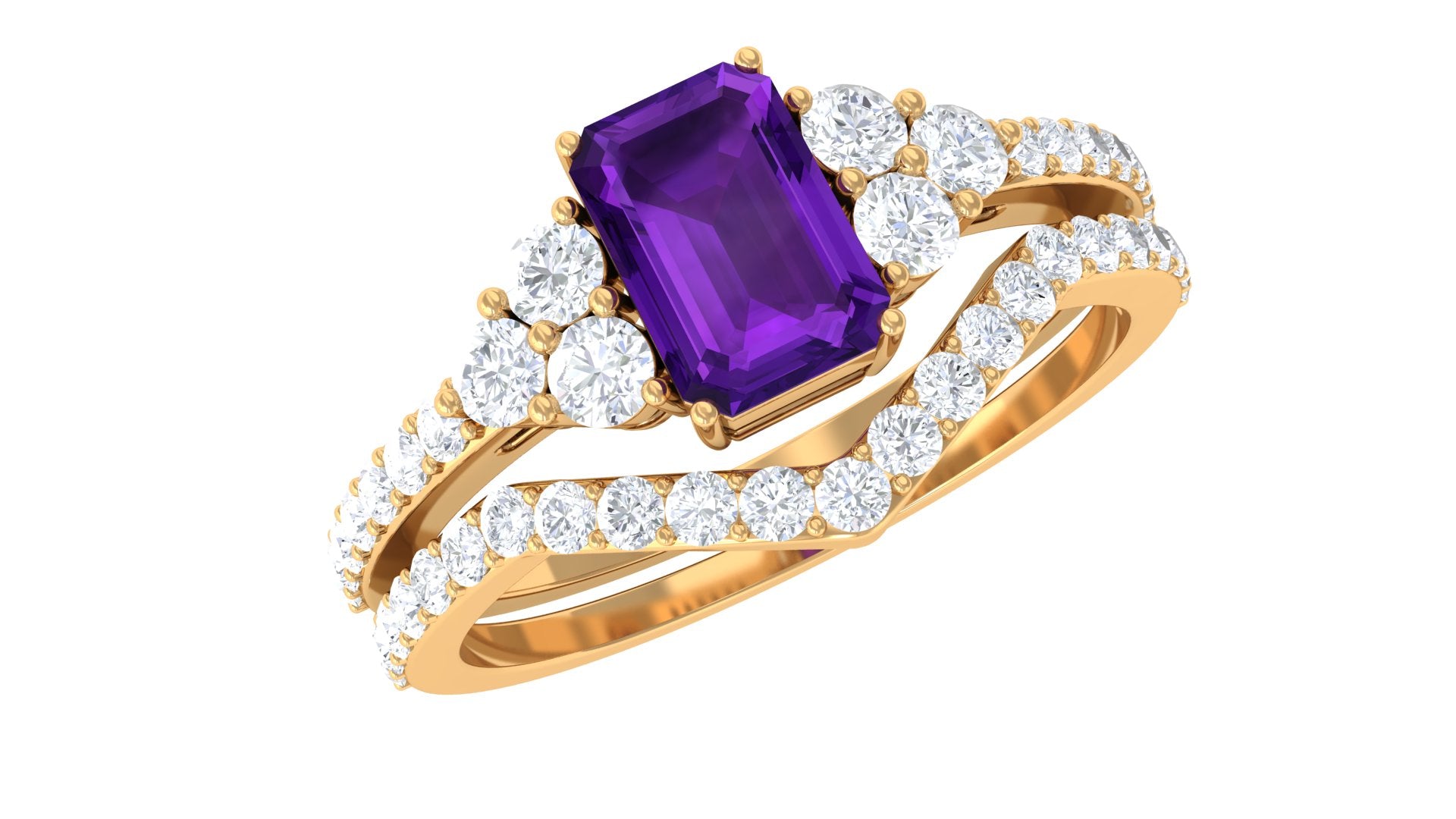 Genuine 1.4 Carat Emerald Cut Amethyst Wedding Ring Set with Diamond AAA - Rosec Jewels