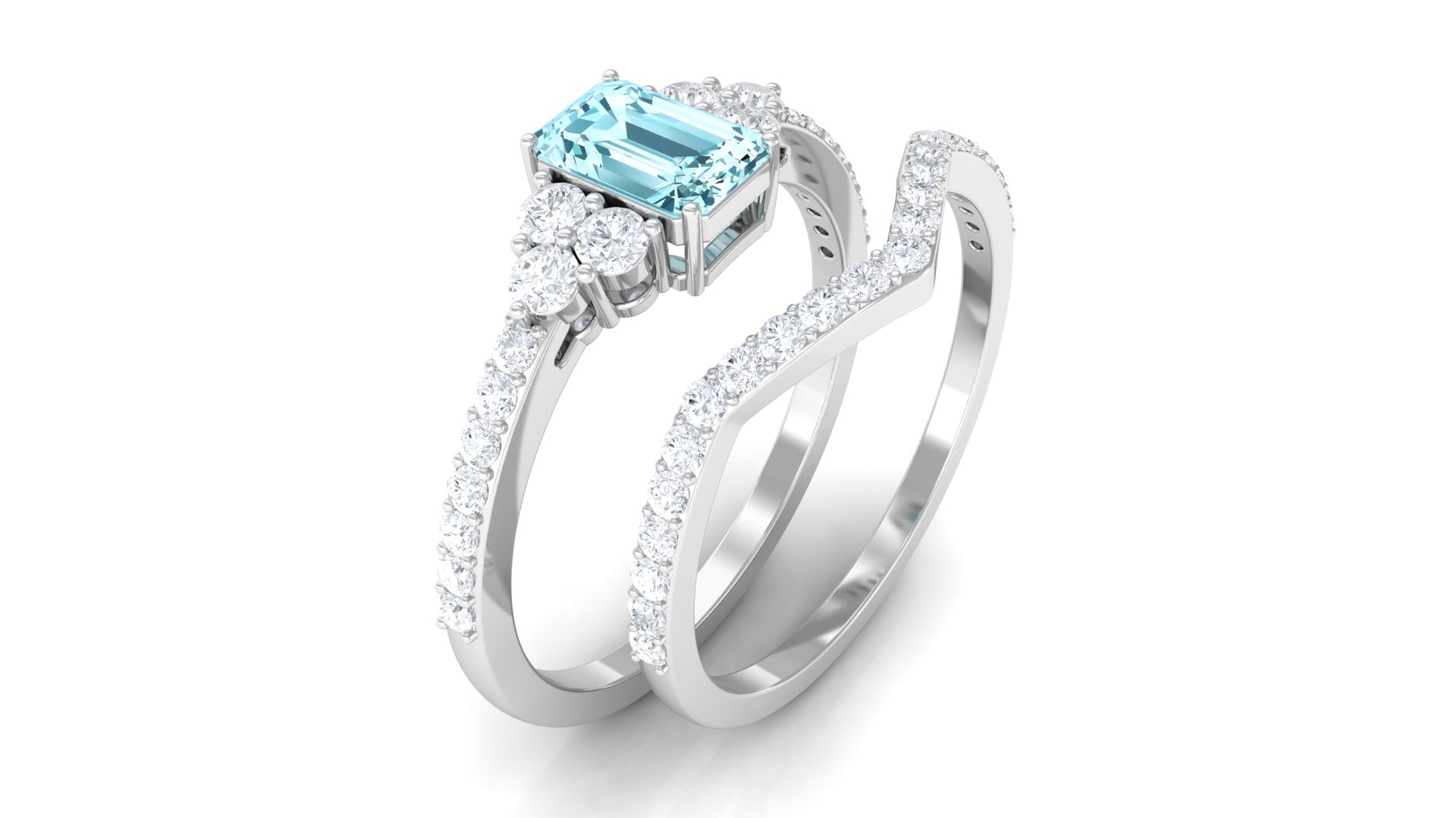 Genuine Aquamarine and Diamond Emerald Cut Wedding Ring Set with Certificate AAA - Rosec Jewels