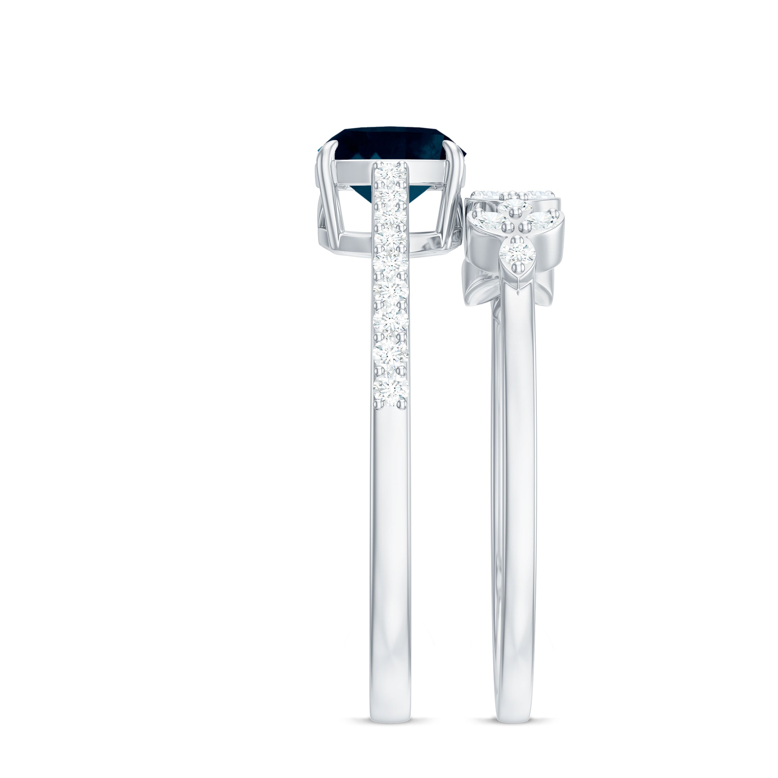 8mm Cushion Cut London Blue Topaz and Diamond Engagement Ring with Wedding Band AAA - Rosec Jewels