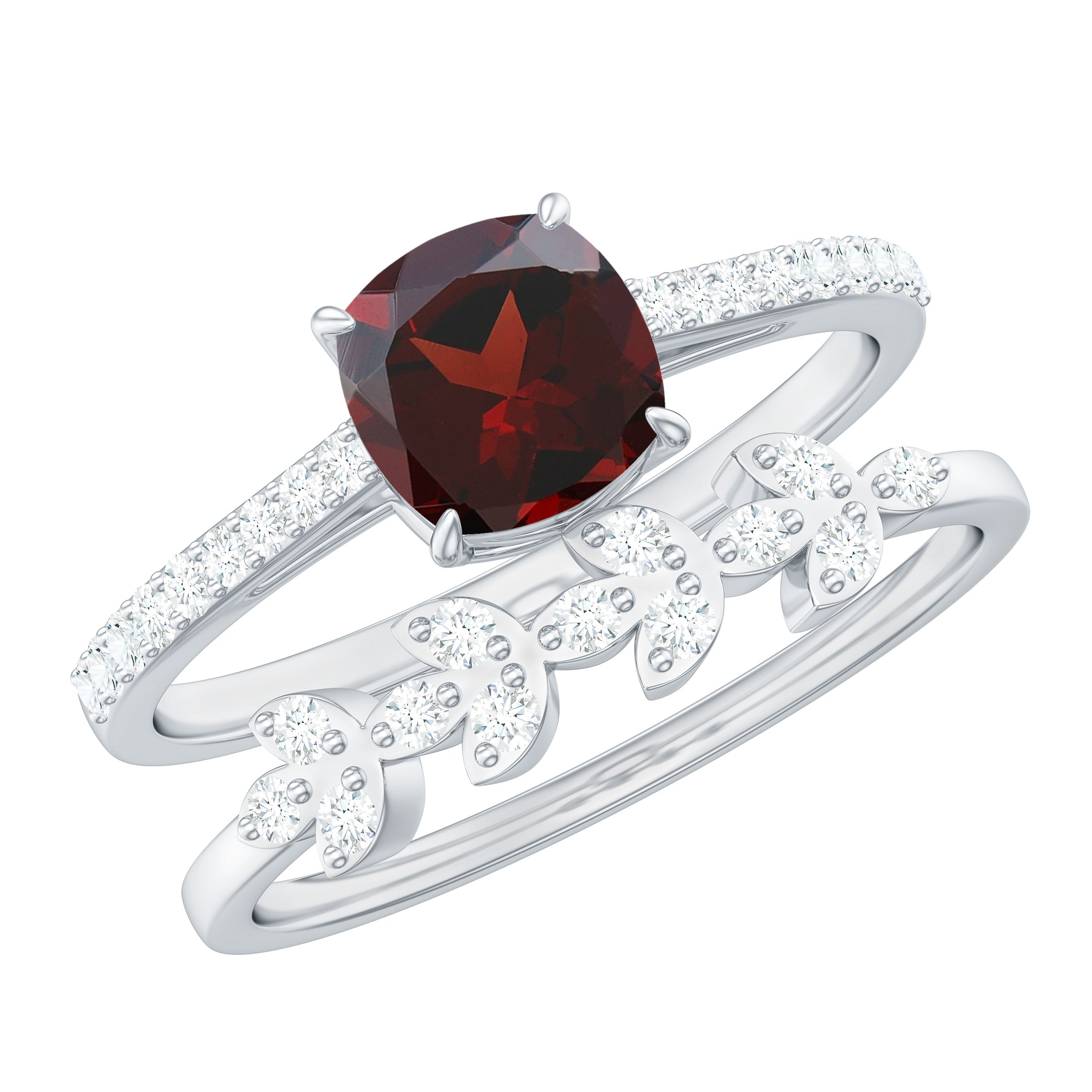 Rosec Jewels-Natural Cushion Cut Garnet Diamond Wedding Bridal Ring Set of 2