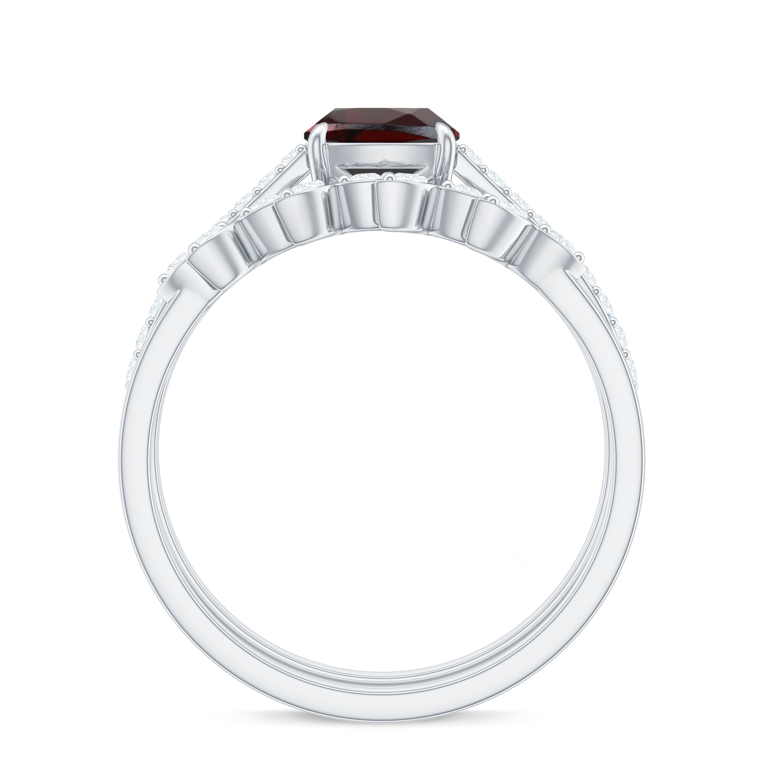 Rosec Jewels-Natural Cushion Cut Garnet Diamond Wedding Bridal Ring Set of 2