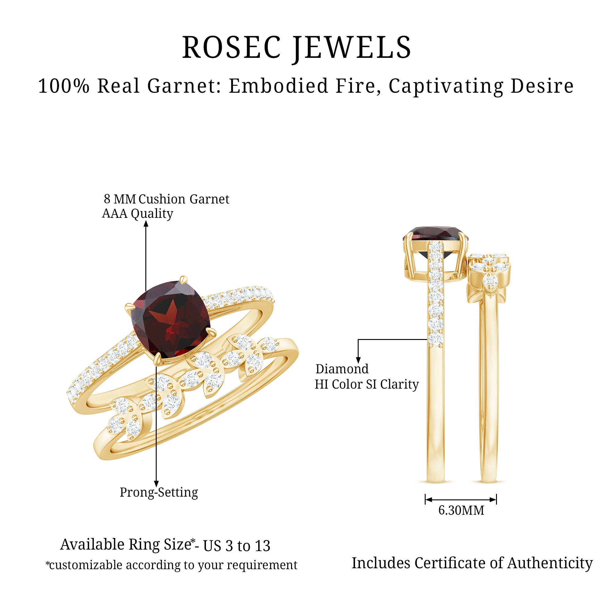 Rosec Jewels-Natural Cushion Cut Garnet Diamond Wedding Bridal Ring Set of 2
