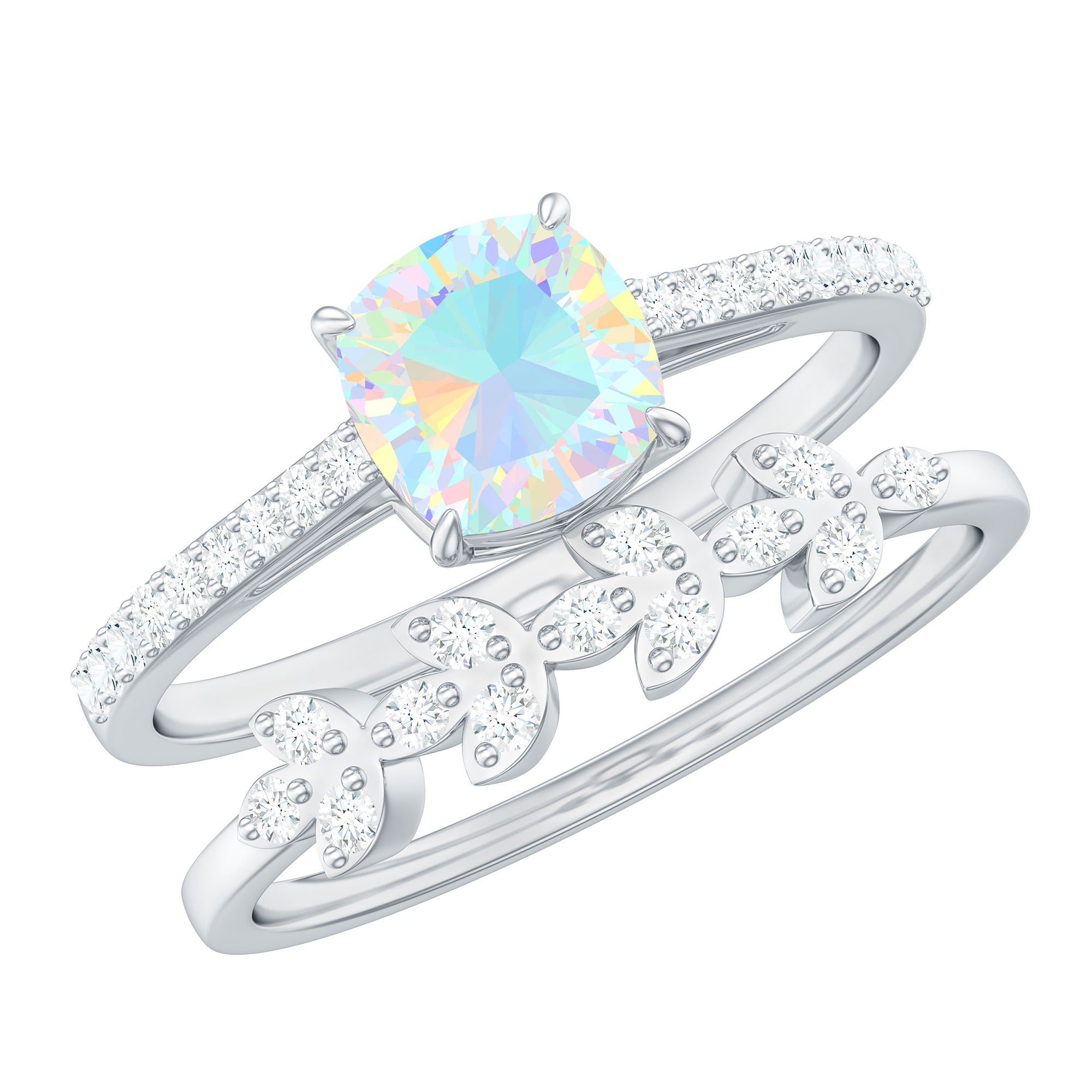 6 mm Cushion Cut Ethiopian Opal Solitaire Ring Set with Diamond Stackable Band AAA - Rosec Jewels
