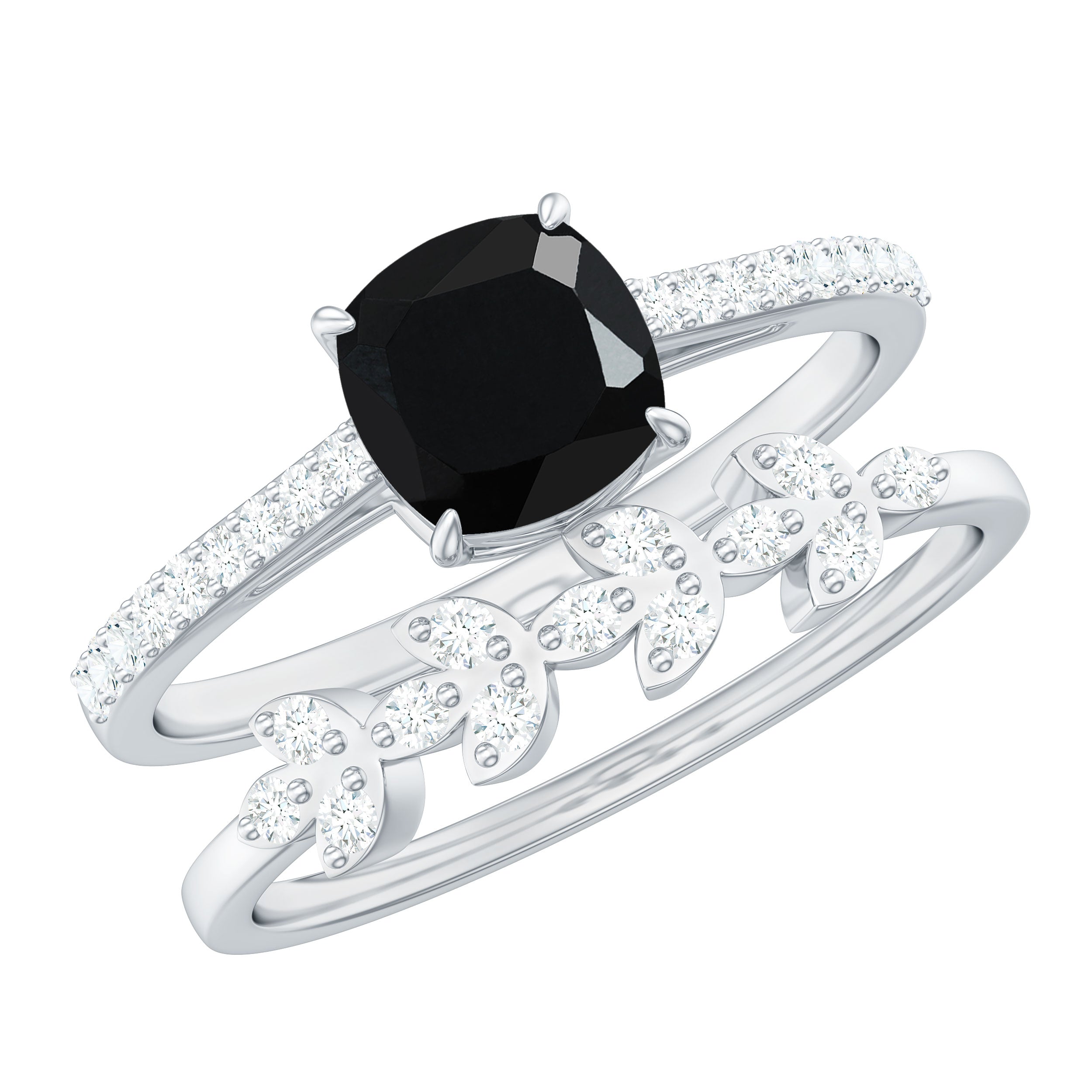 Cushion Cut Black Onyx and Diamond Engagement Ring with Leaf Wedding Band