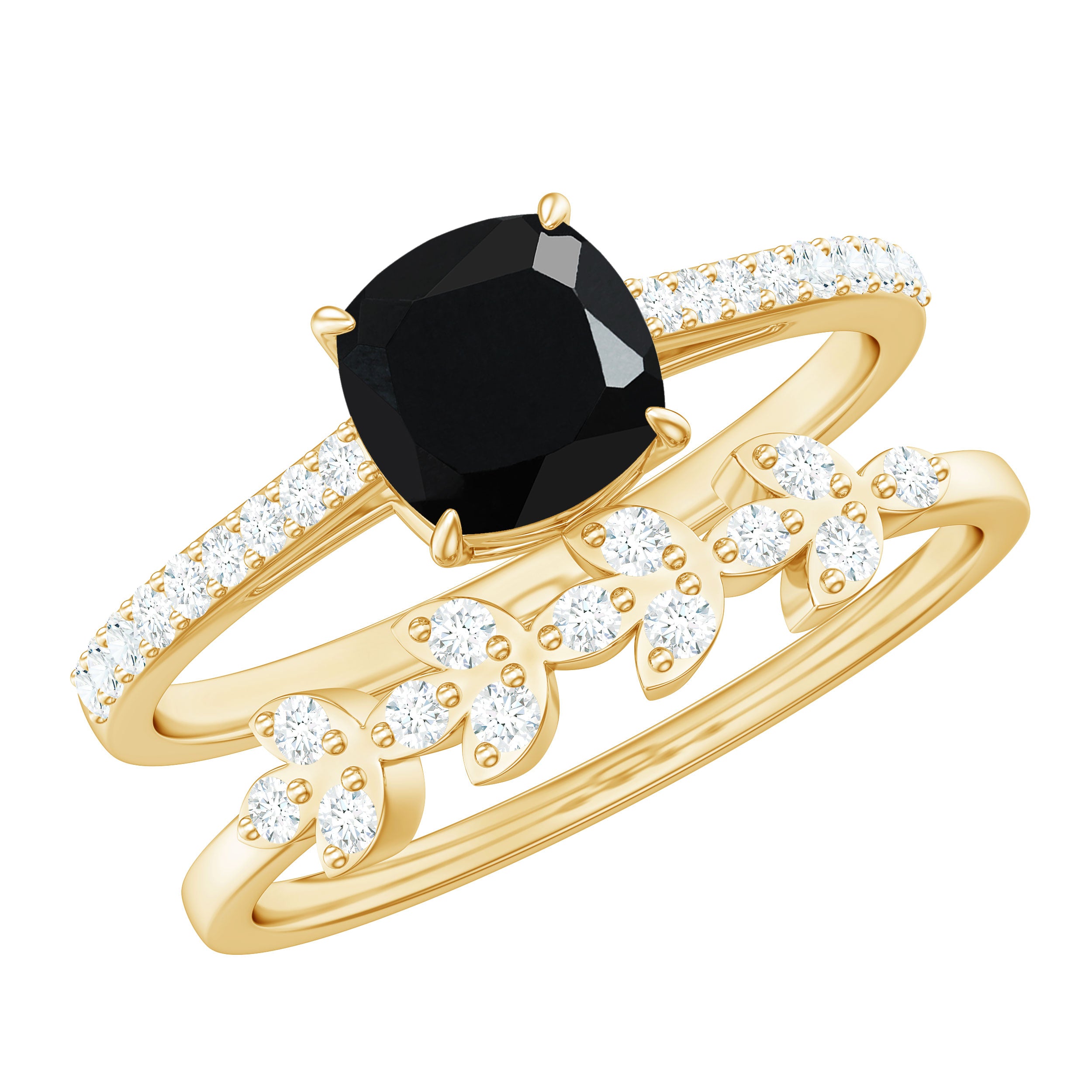 Cushion Cut Black Onyx and Diamond Engagement Ring with Leaf Wedding Band AAA - Rosec Jewels