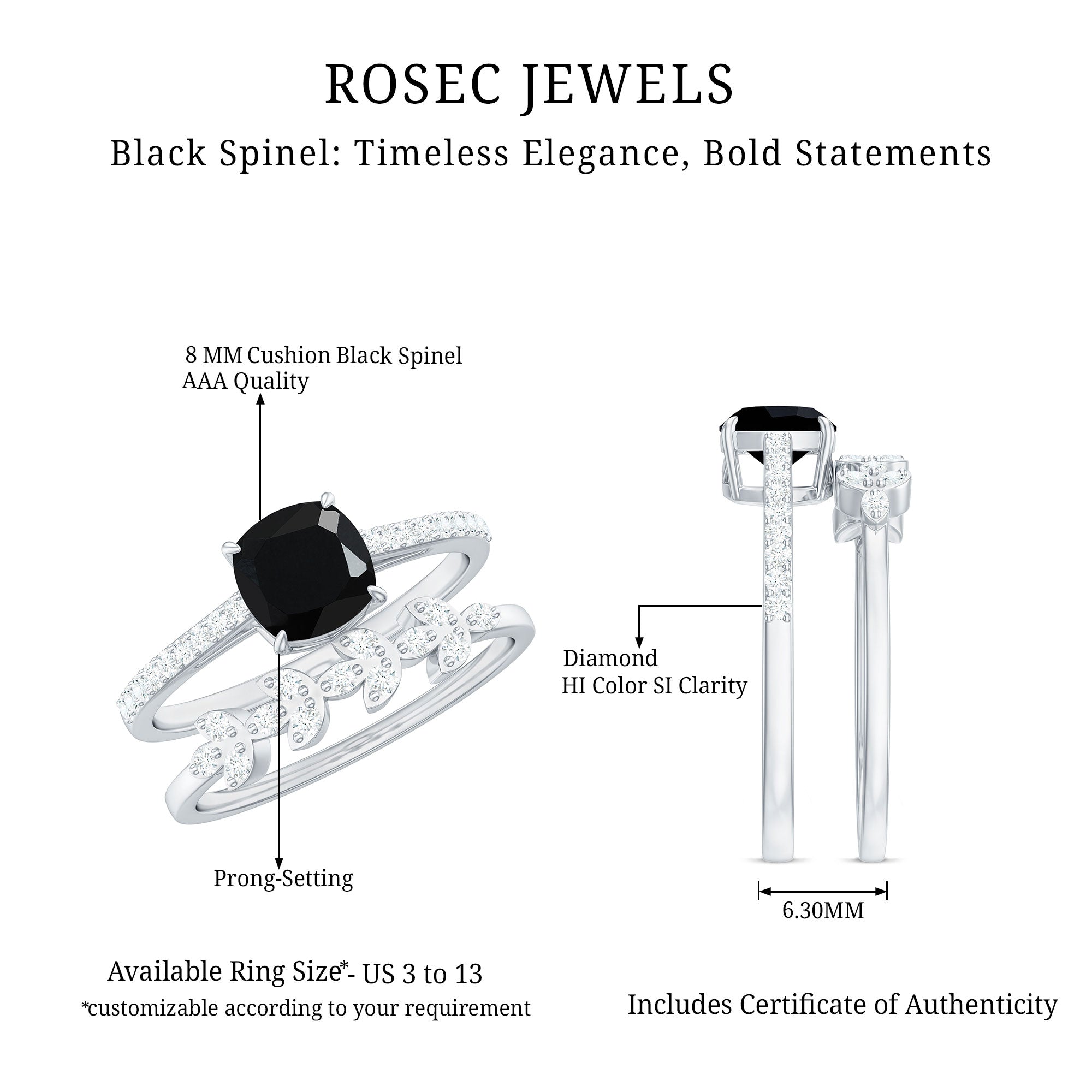 Natural 8mm Black Spinel Diamond Cushion Cut Engagement Ring with Enhancer AAA - Rosec Jewels