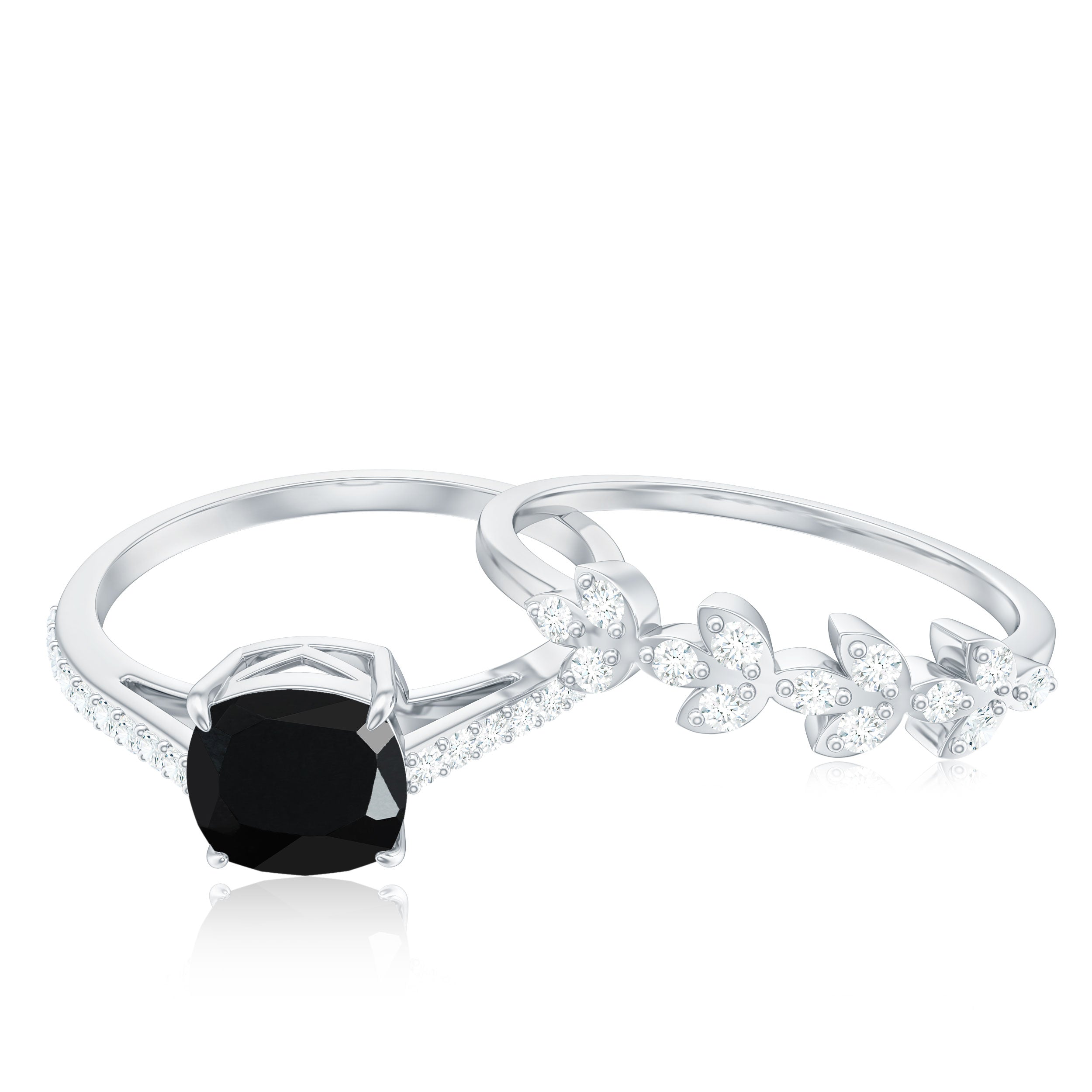Natural 8mm Black Spinel Diamond Cushion Cut Engagement Ring with Enhancer AAA - Rosec Jewels