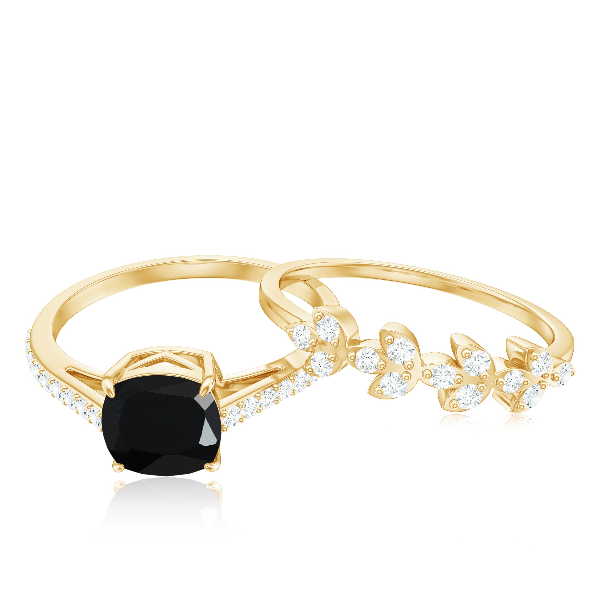 Natural 8mm Black Spinel Diamond Cushion Cut Engagement Ring with Enhancer AAA - Rosec Jewels