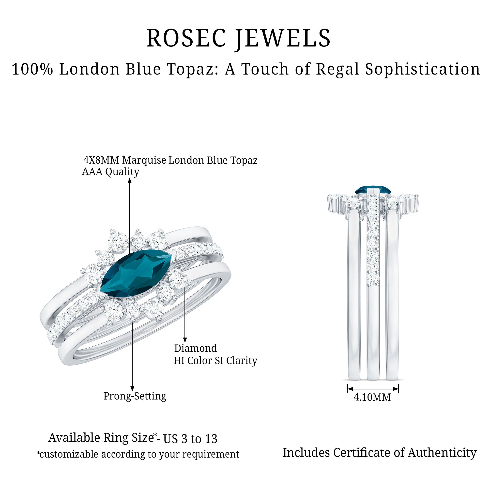 East West Style Black Onyx and Diamond Trio Wedding Ring Set AAA - Rosec Jewels