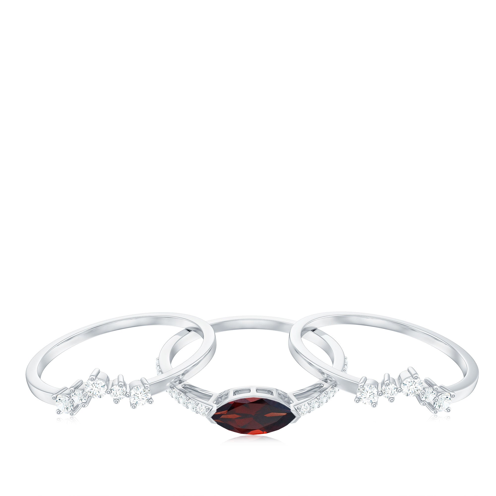 Rosec Jewels-Natural Garnet Marquise Engagement Wedding Ring Set of 3 with Diamond