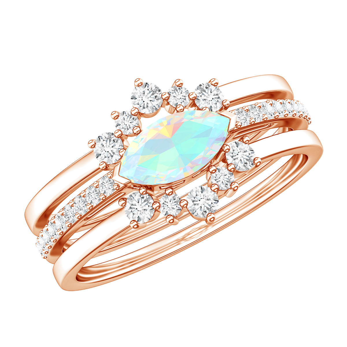 Certified Real Ethiopian Opal Diamond Wedding Bridal Ring Set of 3 AAA - Rosec Jewels