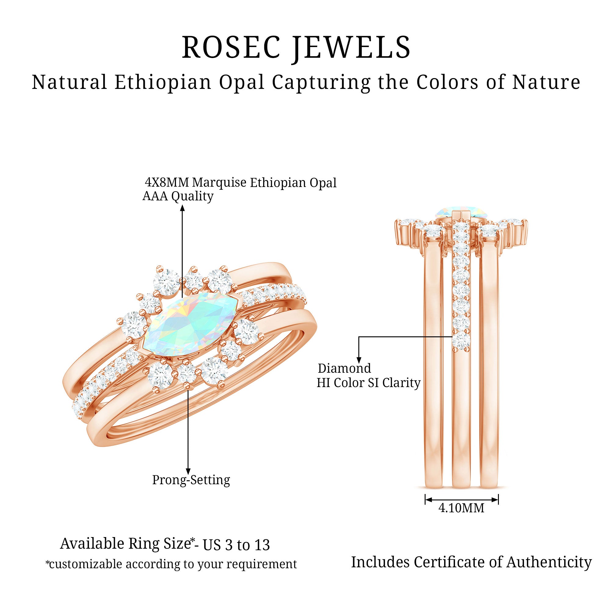 Certified Real Ethiopian Opal Diamond Wedding Bridal Ring Set of 3 AAA - Rosec Jewels