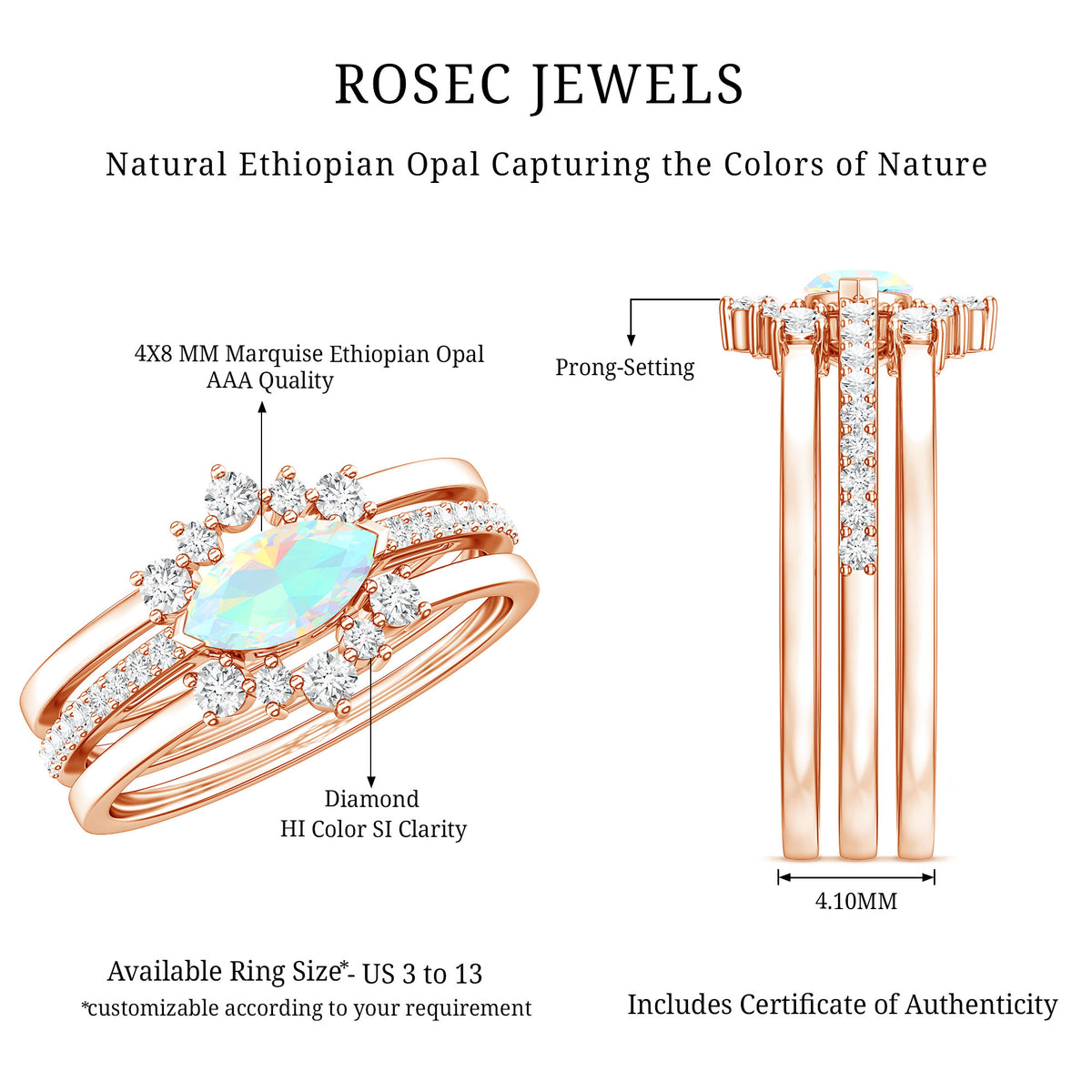 Certified Real Ethiopian Opal Diamond Wedding Bridal Ring Set of 3 AAA - Rosec Jewels