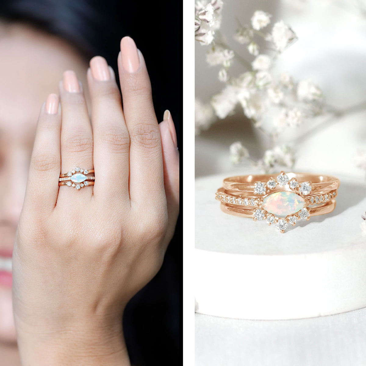 Certified Real Ethiopian Opal Diamond Wedding Bridal Ring Set of 3 AAA - Rosec Jewels