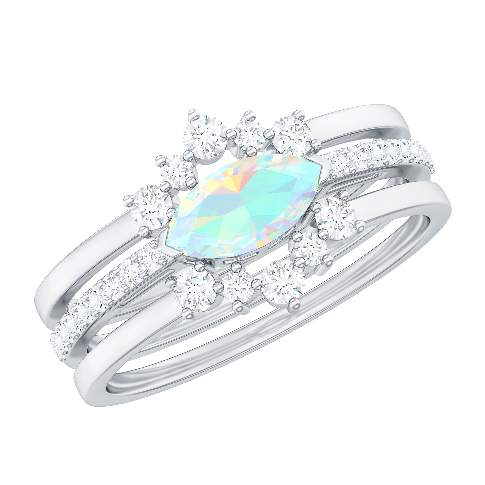 Certified Real Ethiopian Opal Diamond Wedding Bridal Ring Set of 3 AAA - Rosec Jewels