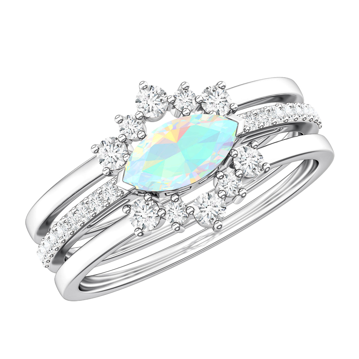 Certified Real Ethiopian Opal Diamond Wedding Bridal Ring Set of 3 AAA - Rosec Jewels