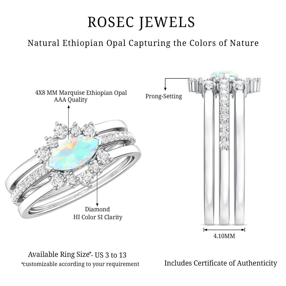 Certified Real Ethiopian Opal Diamond Wedding Bridal Ring Set of 3 AAA - Rosec Jewels