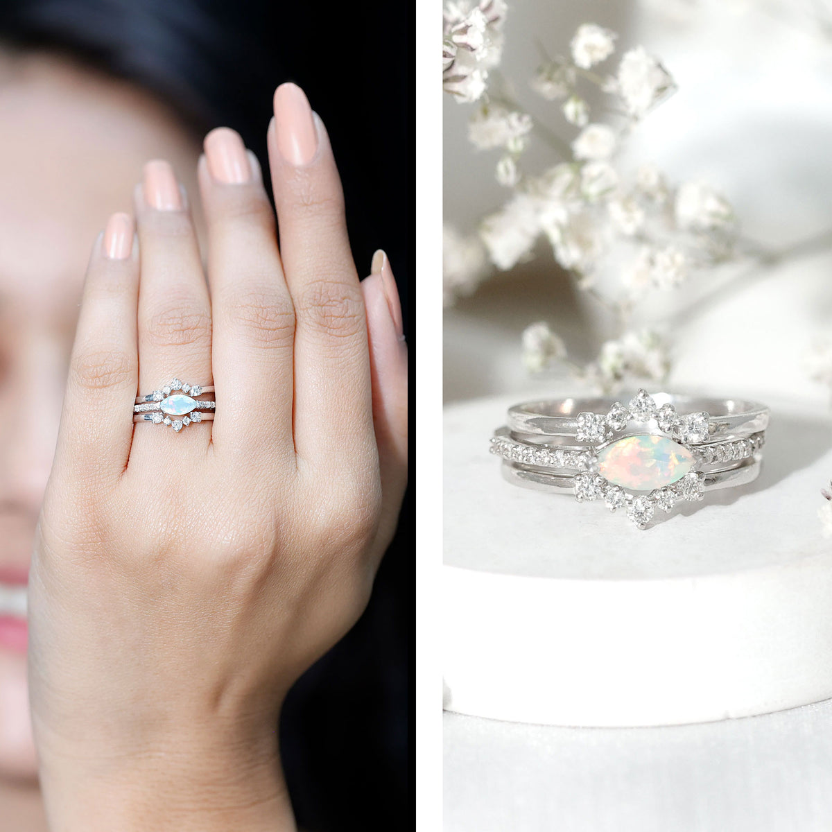 Certified Real Ethiopian Opal Diamond Wedding Bridal Ring Set of 3 AAA - Rosec Jewels