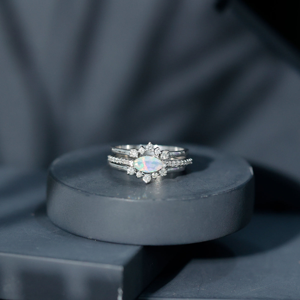 Certified Real Ethiopian Opal Diamond Wedding Bridal Ring Set of 3 AAA - Rosec Jewels