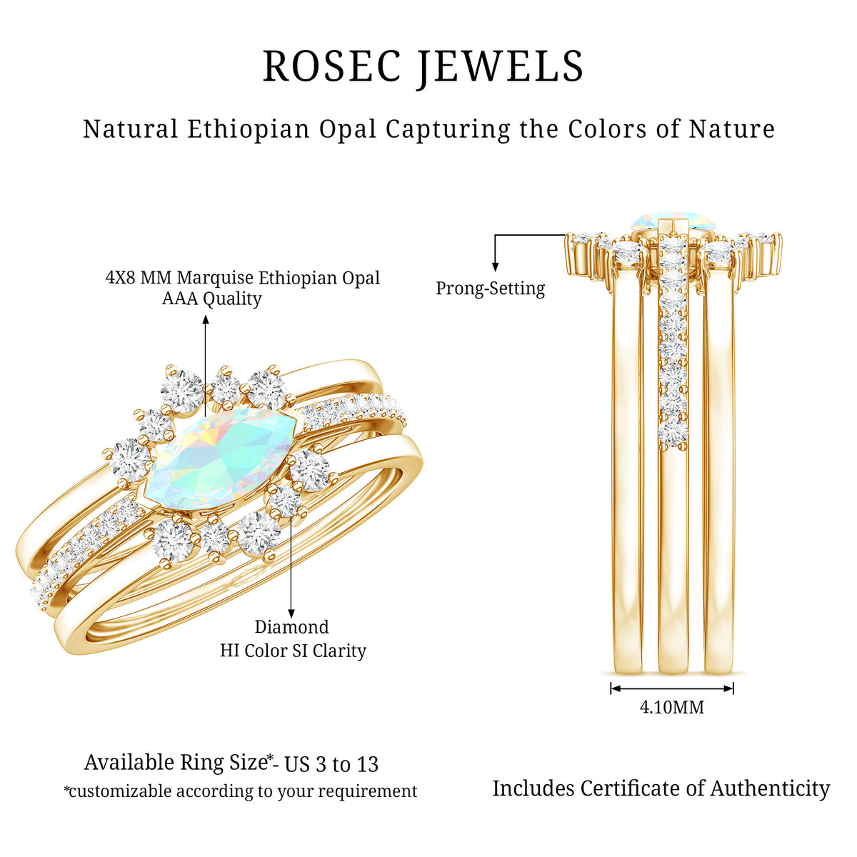 Certified Real Ethiopian Opal Diamond Wedding Bridal Ring Set of 3 AAA - Rosec Jewels