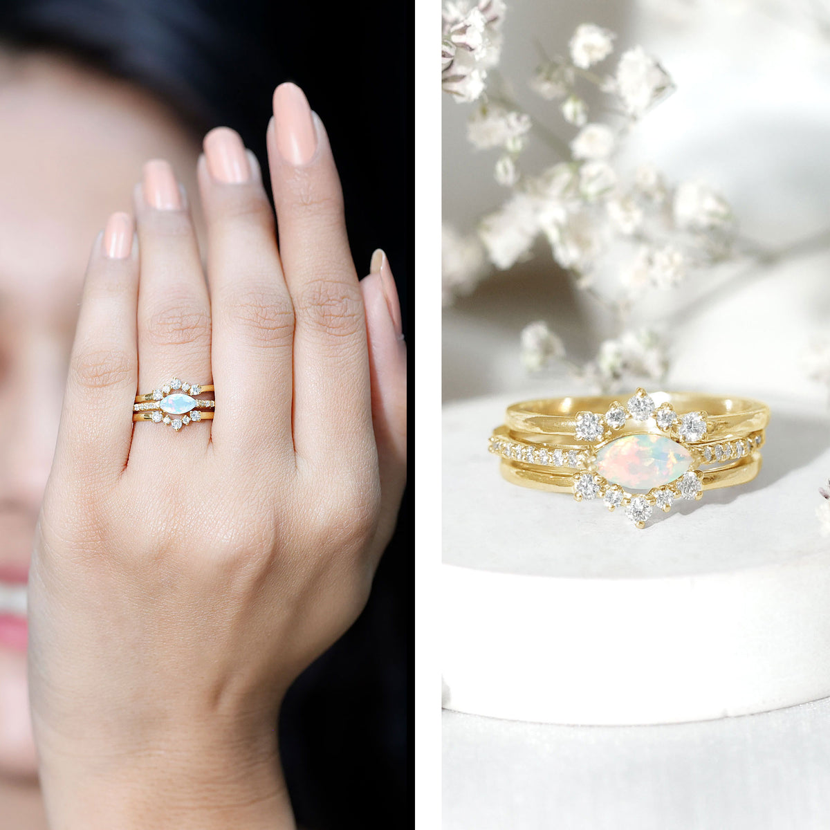 Certified Real Ethiopian Opal Diamond Wedding Bridal Ring Set of 3 AAA - Rosec Jewels