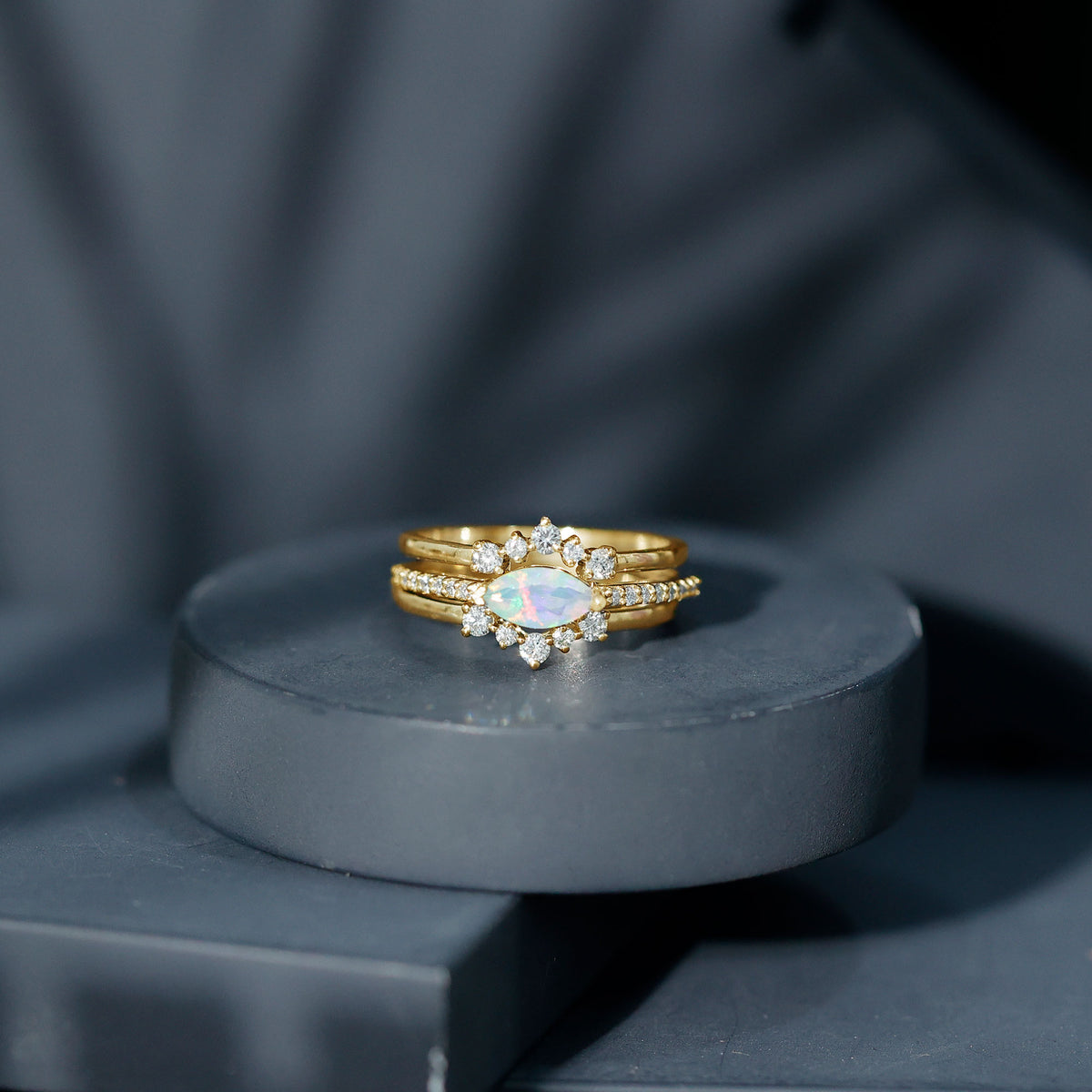 Certified Real Ethiopian Opal Diamond Wedding Bridal Ring Set of 3 AAA - Rosec Jewels