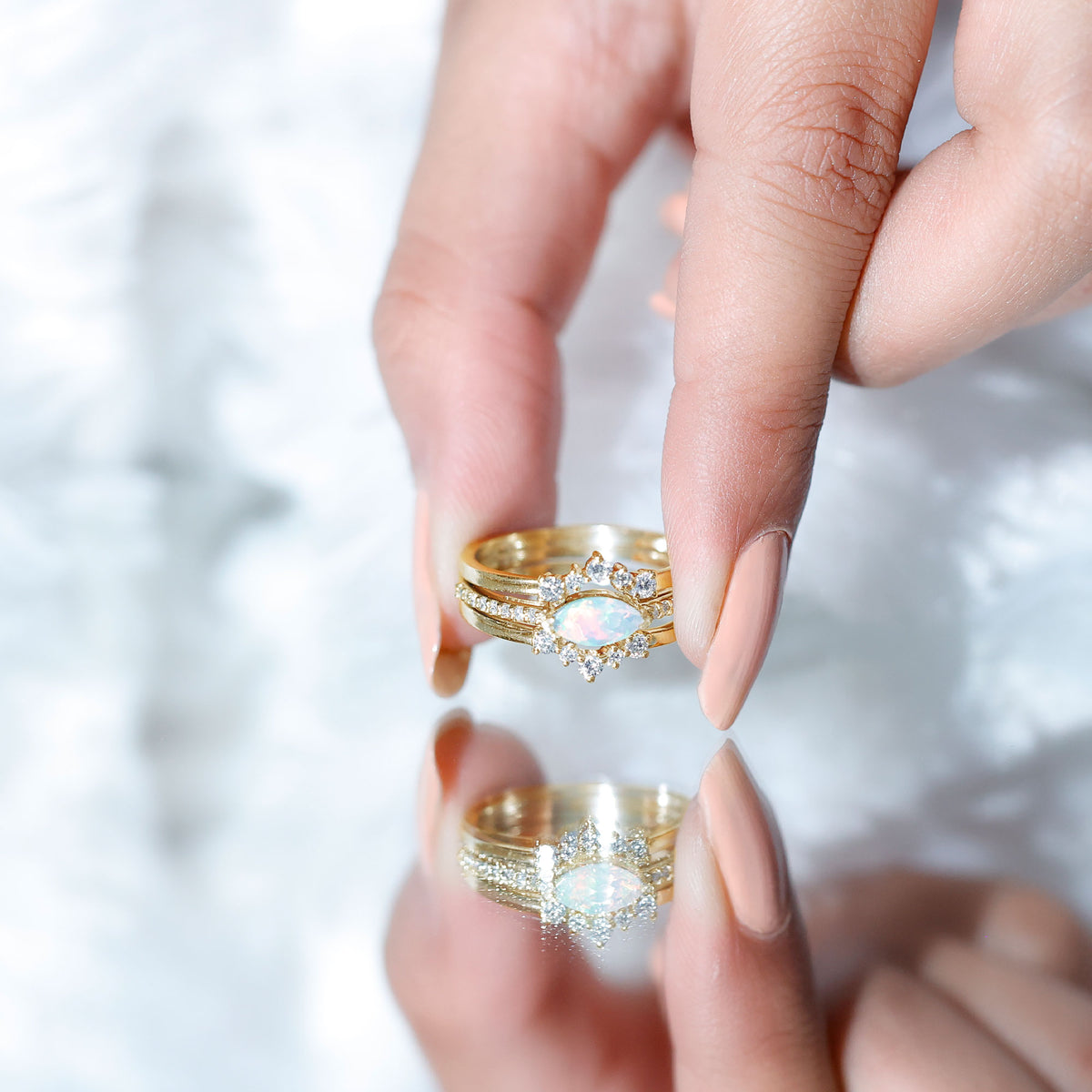 Certified Real Ethiopian Opal Diamond Wedding Bridal Ring Set of 3 AAA - Rosec Jewels
