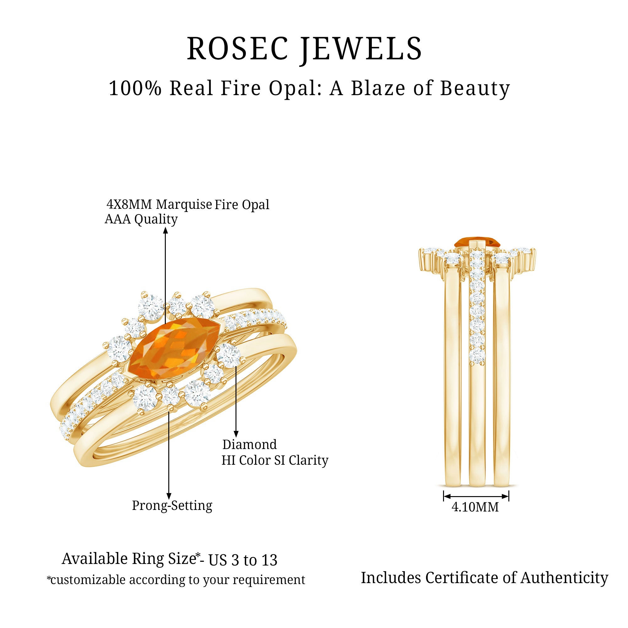 Rosec Jewels-Marquise Shape Fire Opal Ring Set with Diamond