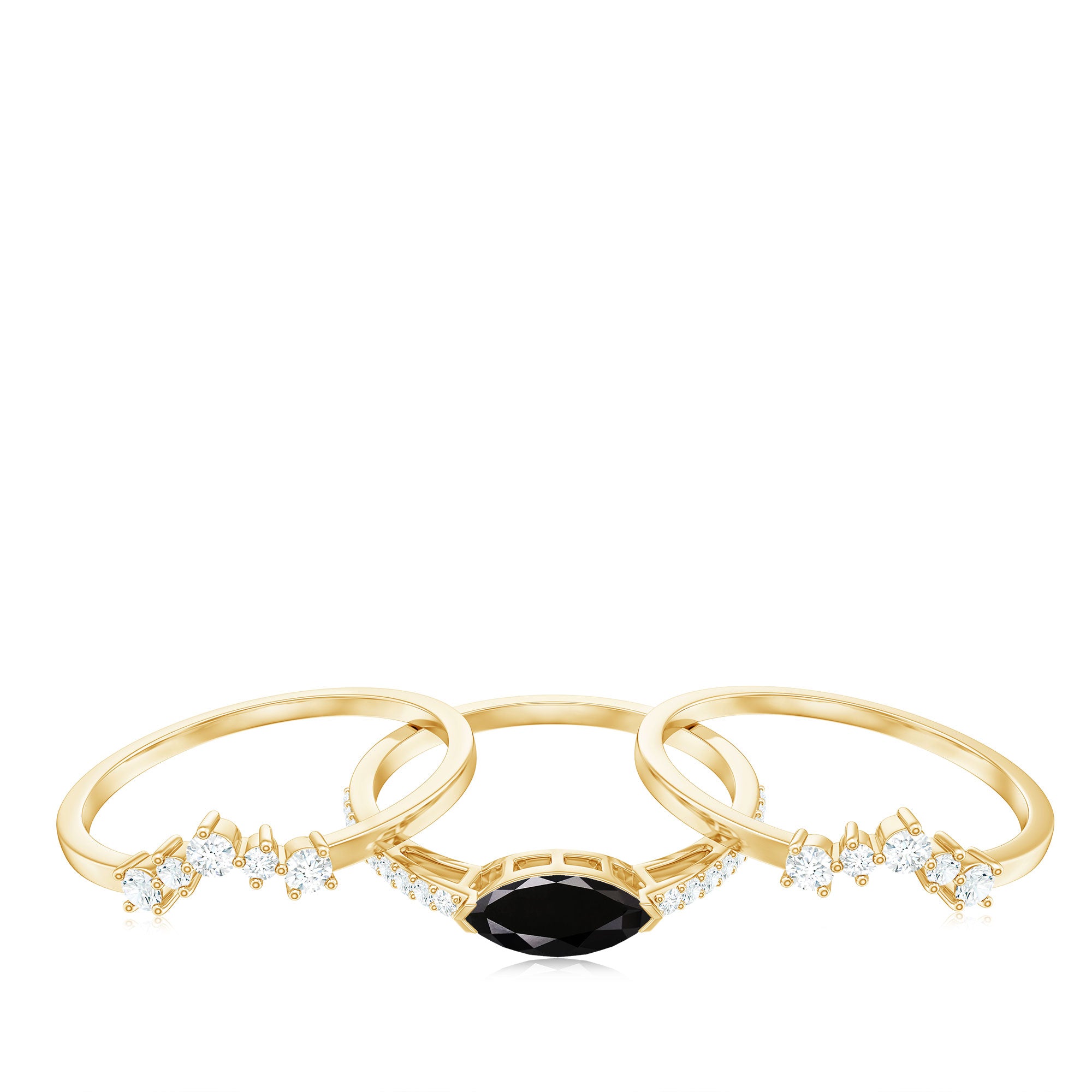 East West Set Black Onyx and Diamond Trio Wedding Ring Set AAA - Rosec Jewels