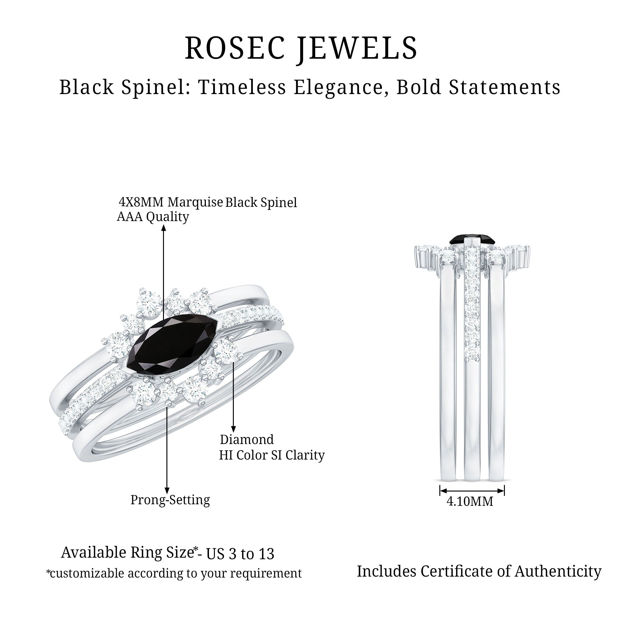 Natural Marquise Black Spinel Diamond 3 Piece Bridal Ring Set AAA - Rosec Jewels