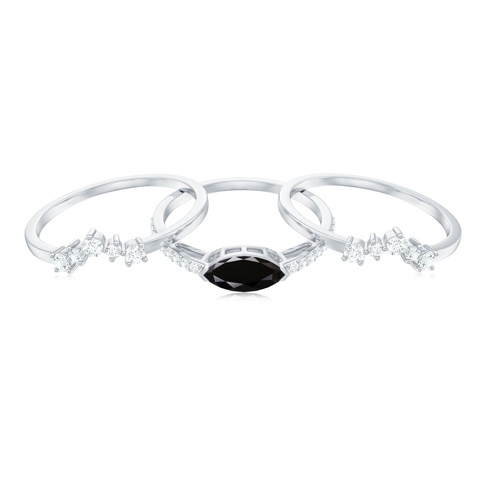 Natural Marquise Black Spinel Diamond 3 Piece Bridal Ring Set AAA - Rosec Jewels
