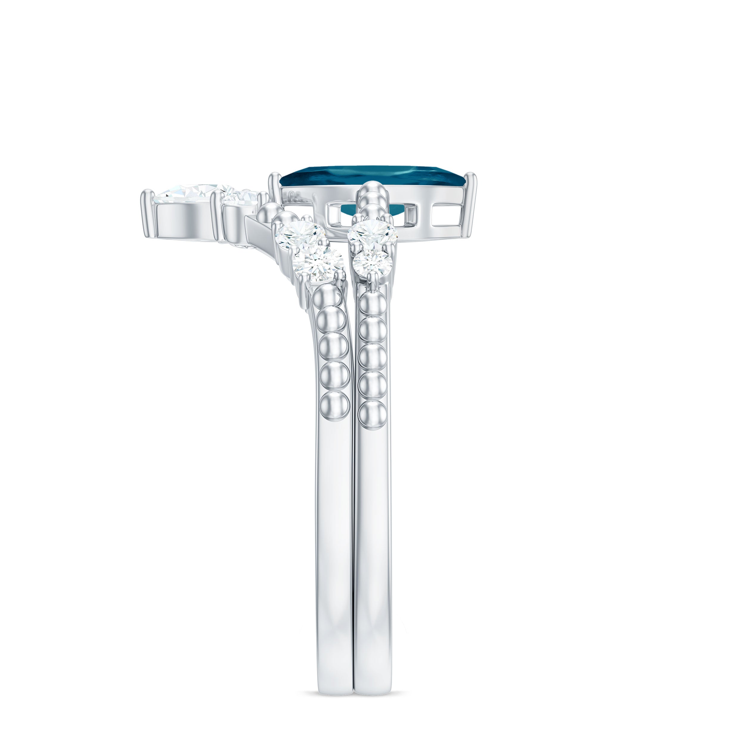 London Blue Topaz and Diamond Wedding Ring Set with Beaded Details AAA - Rosec Jewels