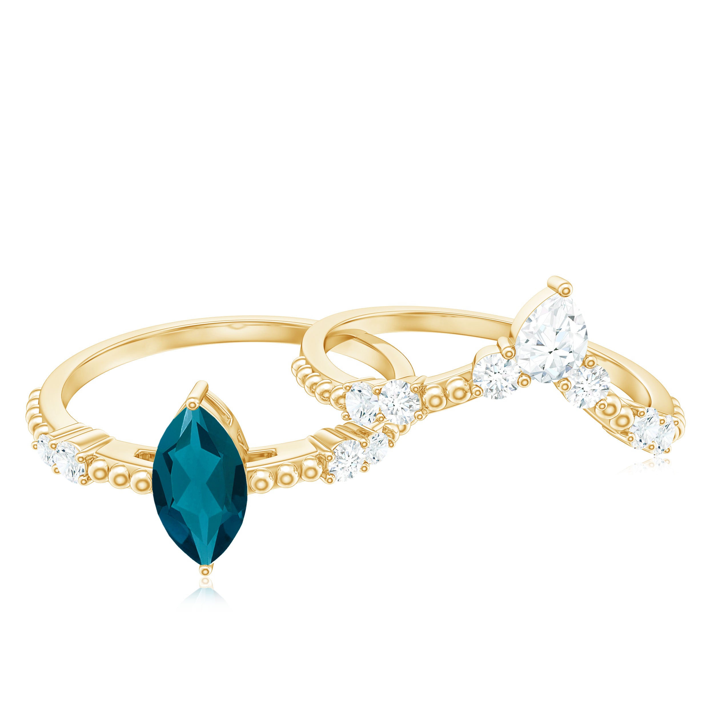 London Blue Topaz and Diamond Wedding Ring Set with Beaded Details AAA - Rosec Jewels