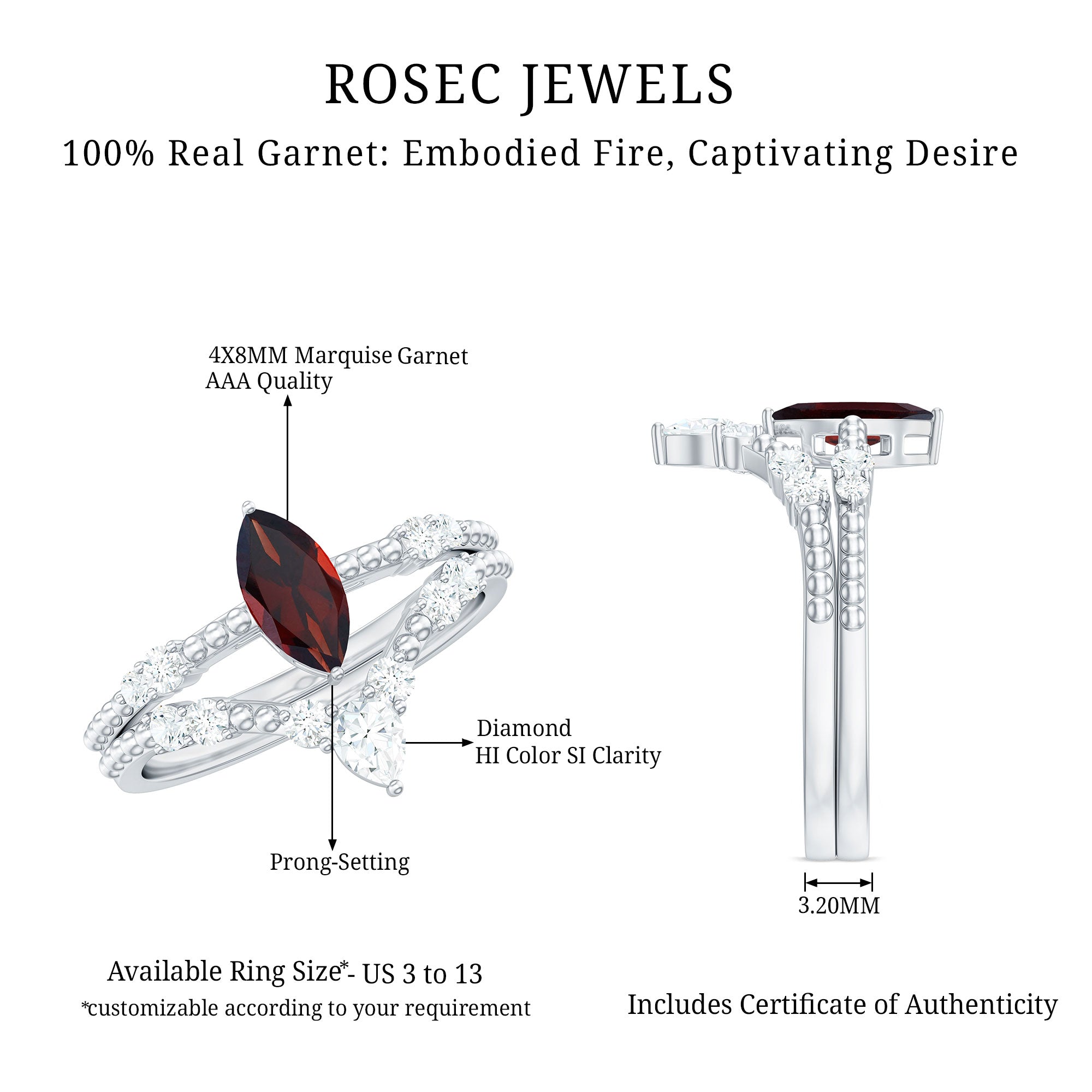 Certified Real Marquise Garnet Diamond Wedding Bridal Ring Set AAA - Rosec Jewels