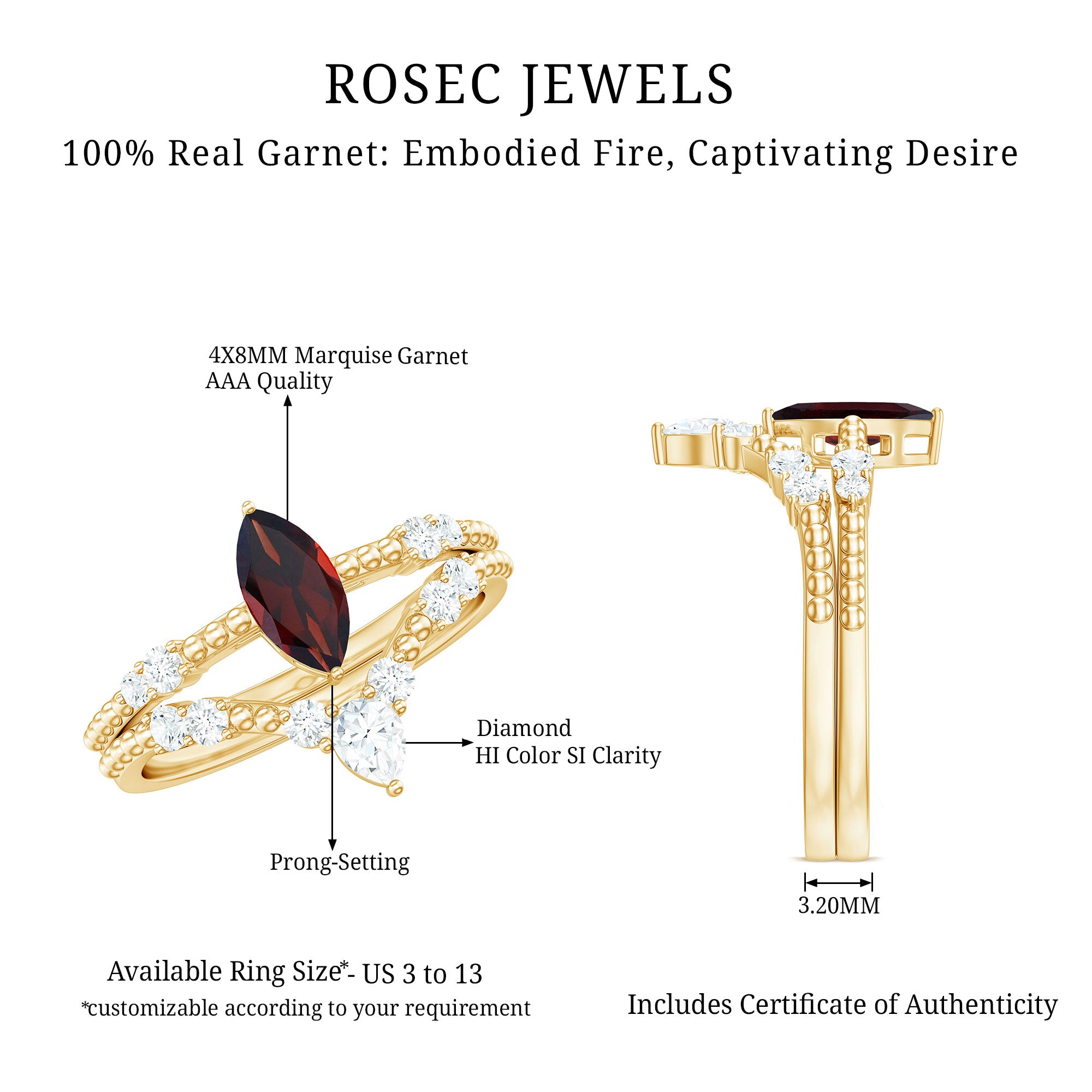 Certified Real Marquise Garnet Diamond Wedding Bridal Ring Set AAA - Rosec Jewels