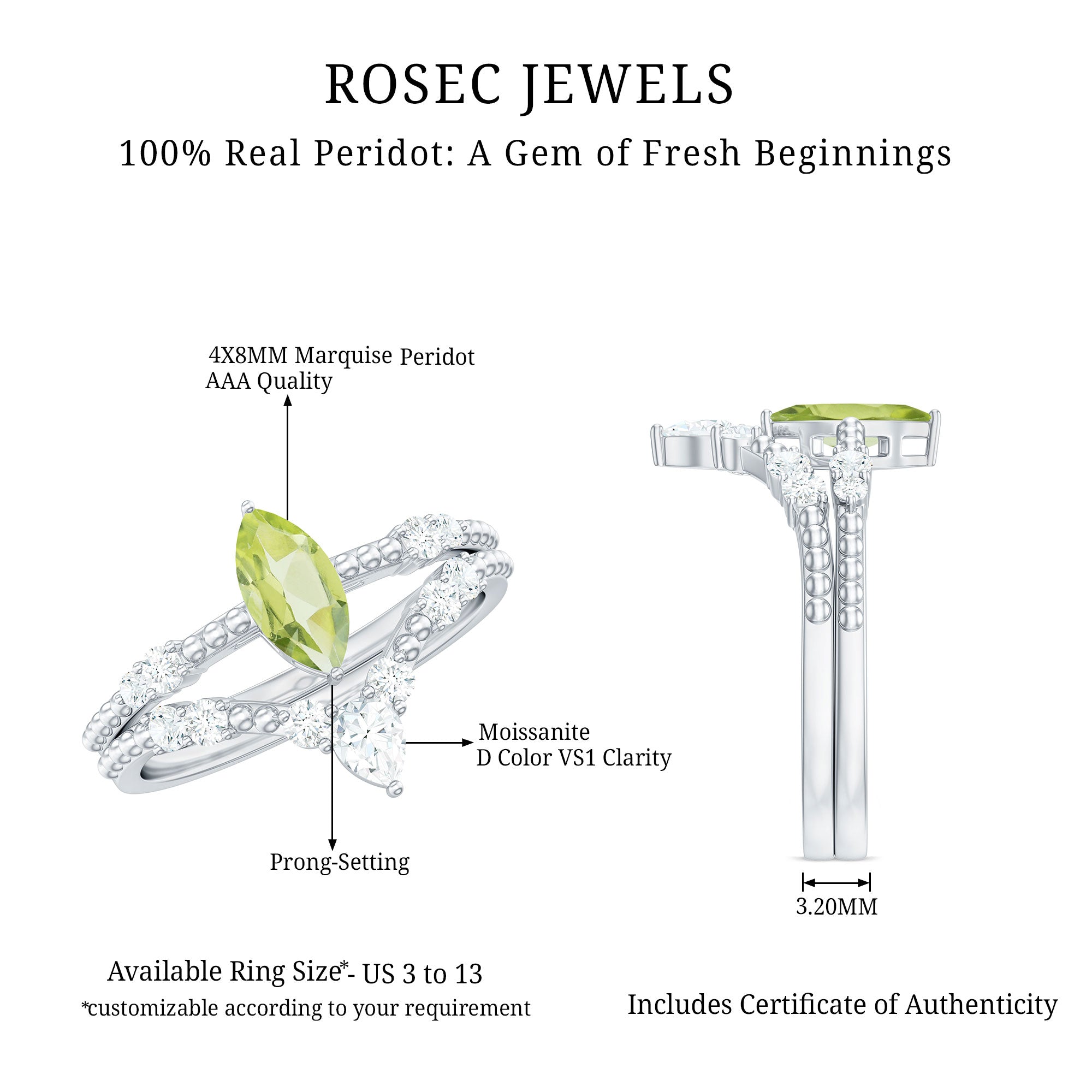 Natural Peridot Marquise Engagement Ring With Wedding Band AAA - Rosec Jewels