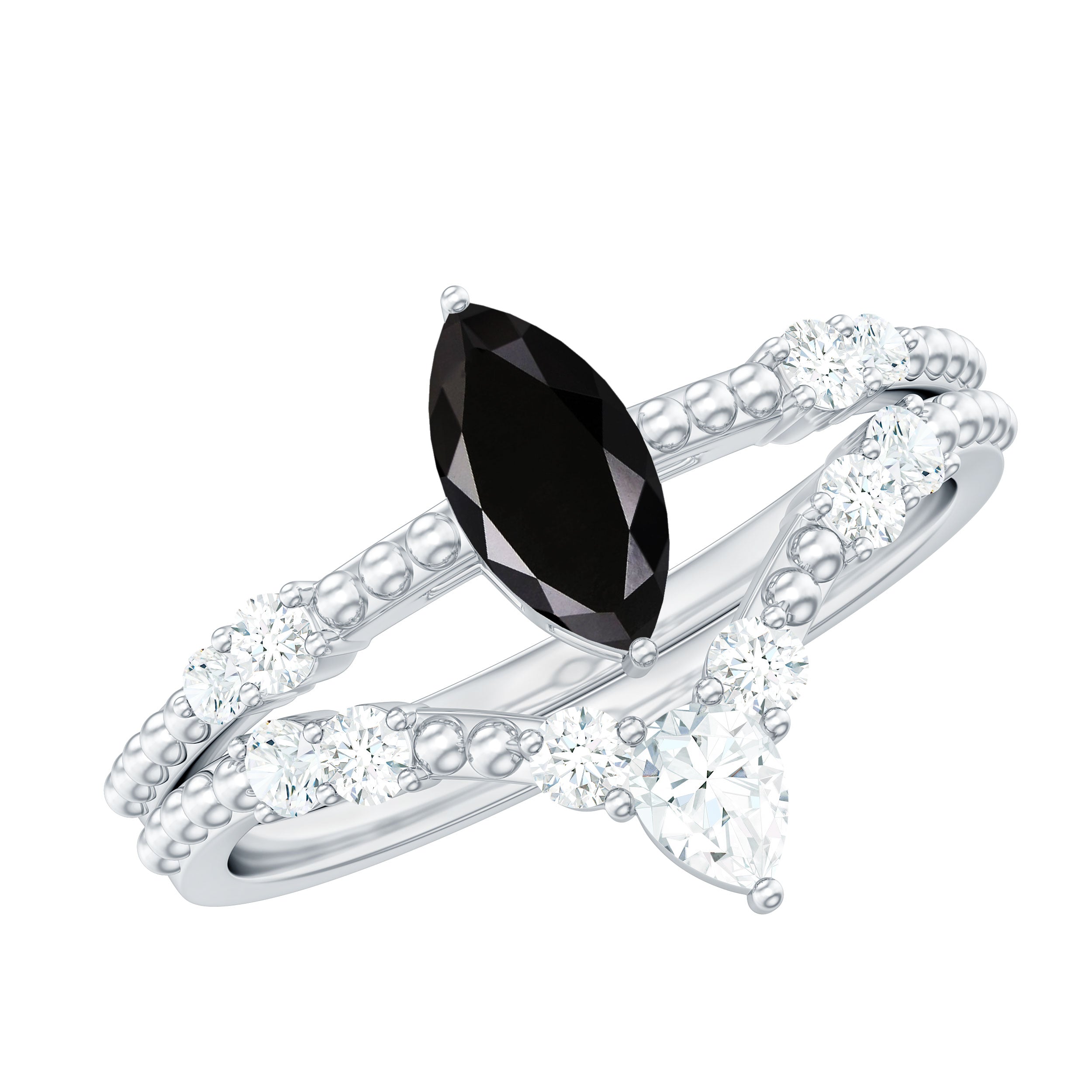 4x8mm Marquise Cut Black Onyx Solitaire Ring Set with Moissanite Band