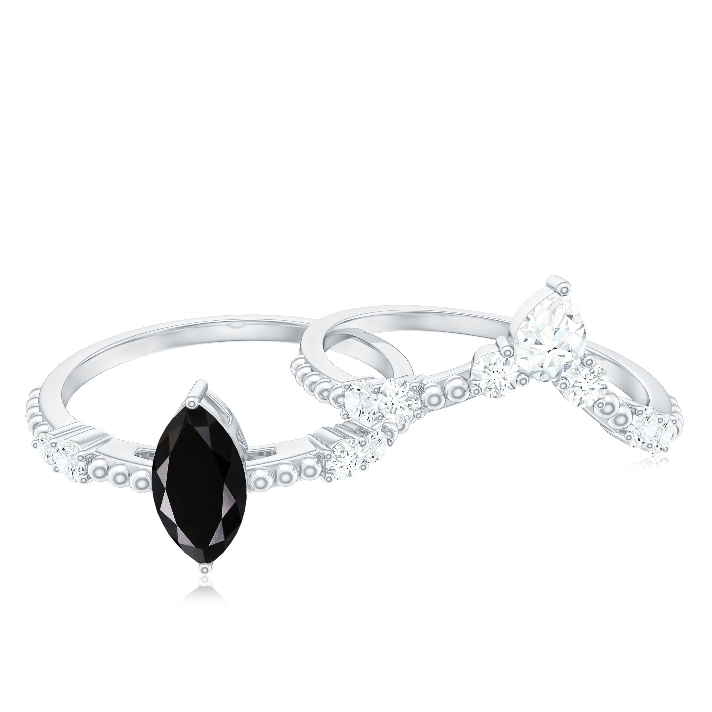 4x8mm Marquise Cut Black Onyx Solitaire Ring Set with Moissanite Band AAA - Rosec Jewels