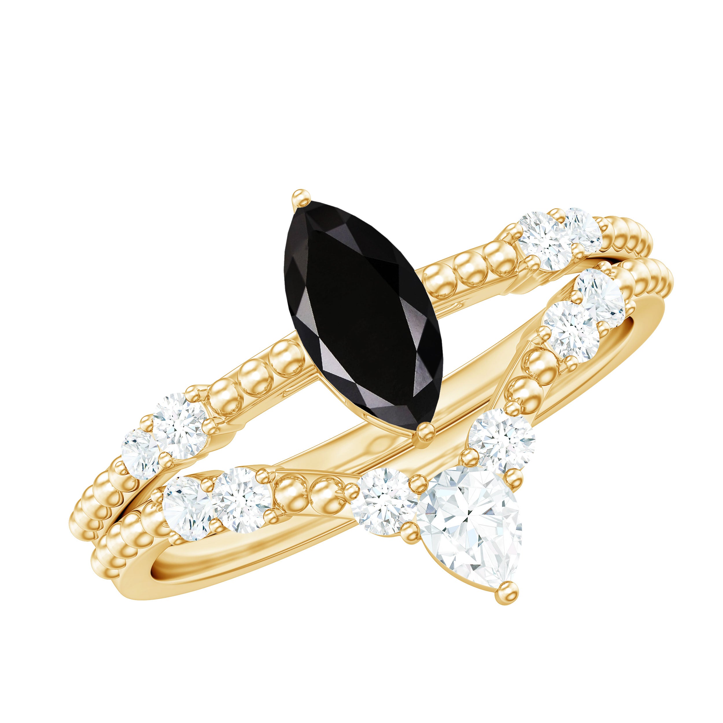 0.7 Carat Marquise Cut Black Onyx Solitaire Ring Set with Moissanite Band AAA - Rosec Jewels