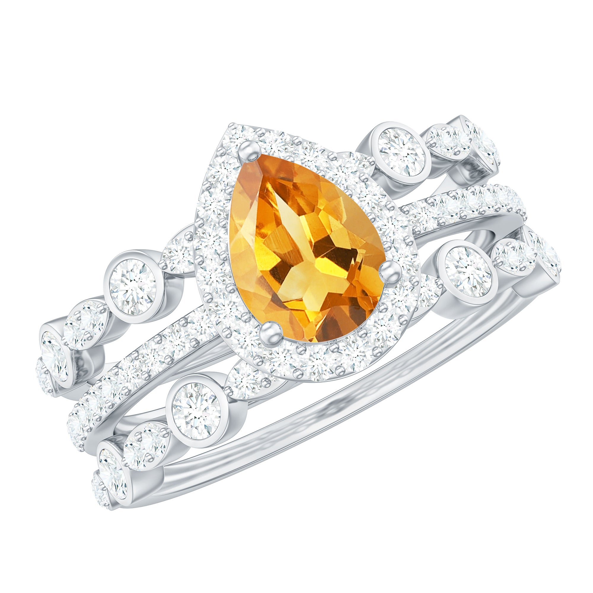 Pear Cut Citrine Bridal Trio Ring Set with Moissanite Band AAA - Rosec Jewels
