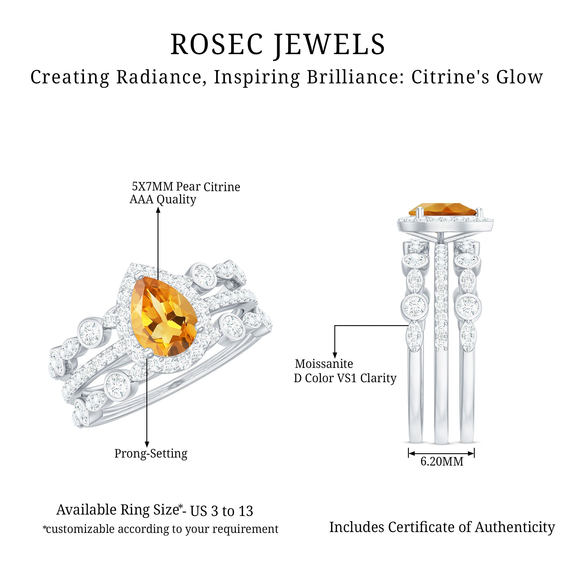 Pear Cut Citrine Bridal Trio Ring Set with Moissanite Band AAA - Rosec Jewels