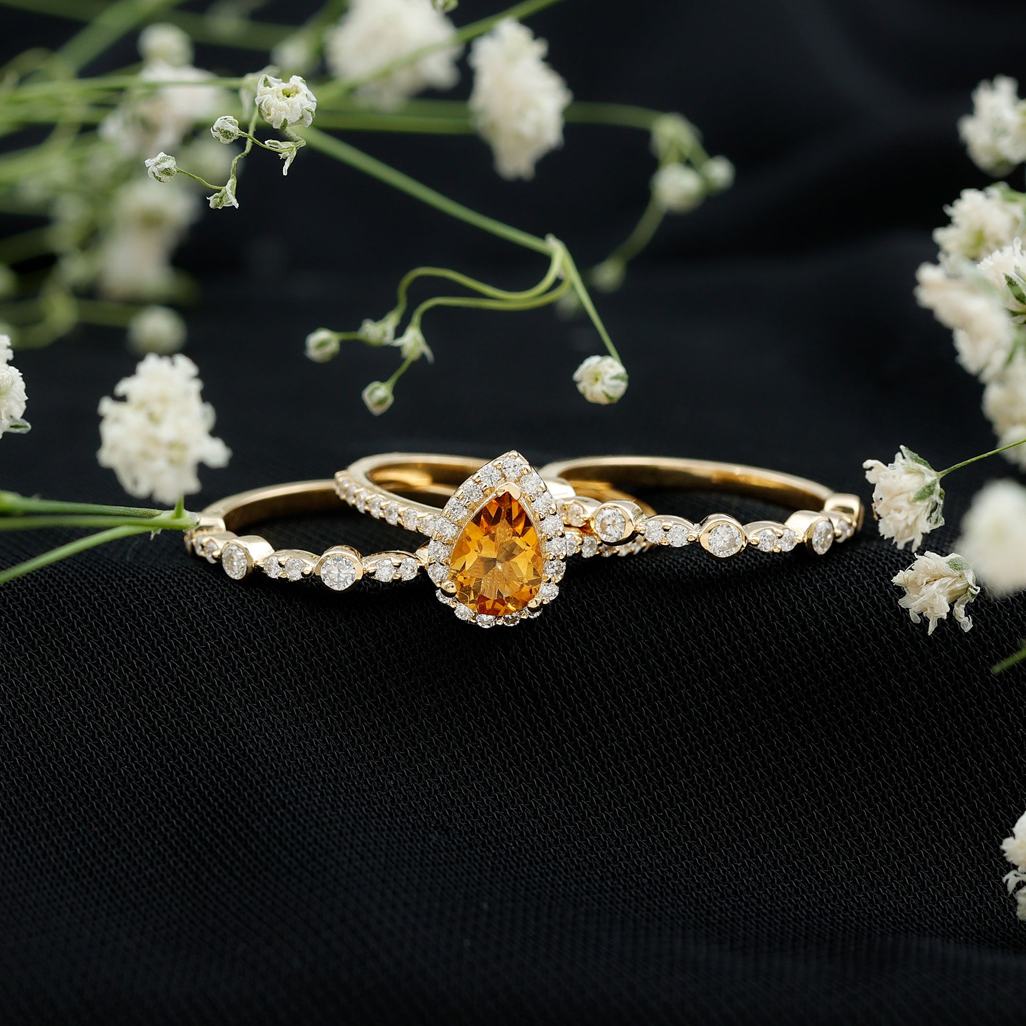 Pear Cut Citrine Bridal Trio Ring Set with Moissanite Band AAA - Rosec Jewels