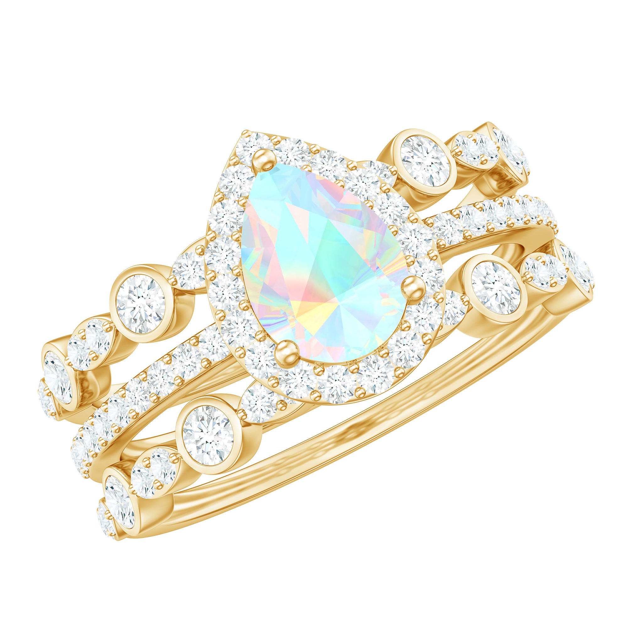 Genuine Vintage Style Opalescent Teardrop Engagement Wedding Ring Set of 3 AAA - Rosec Jewels