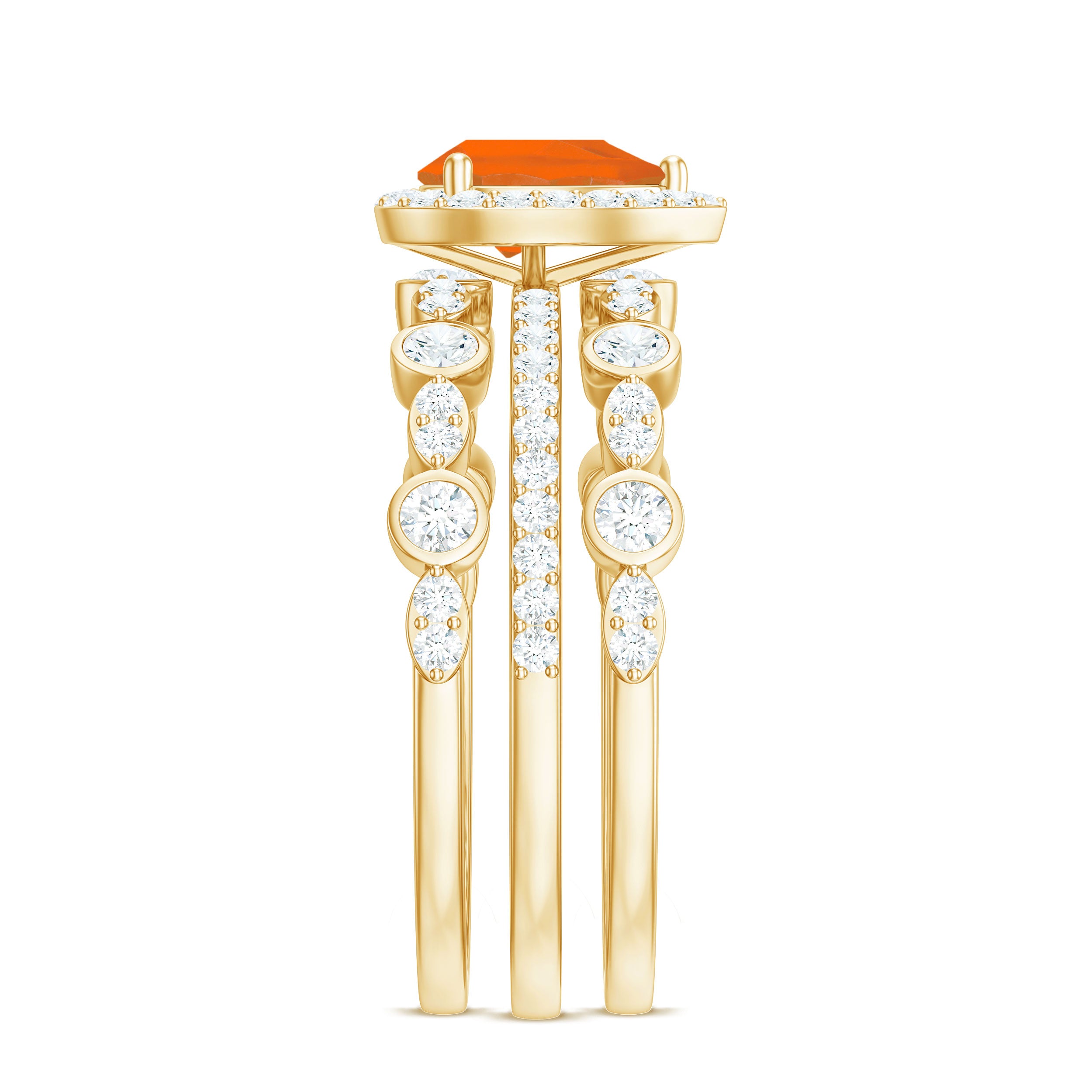Rosec Jewels-Pear Cut Fire Opal Bridal Trio Ring Set with Moissanite Band