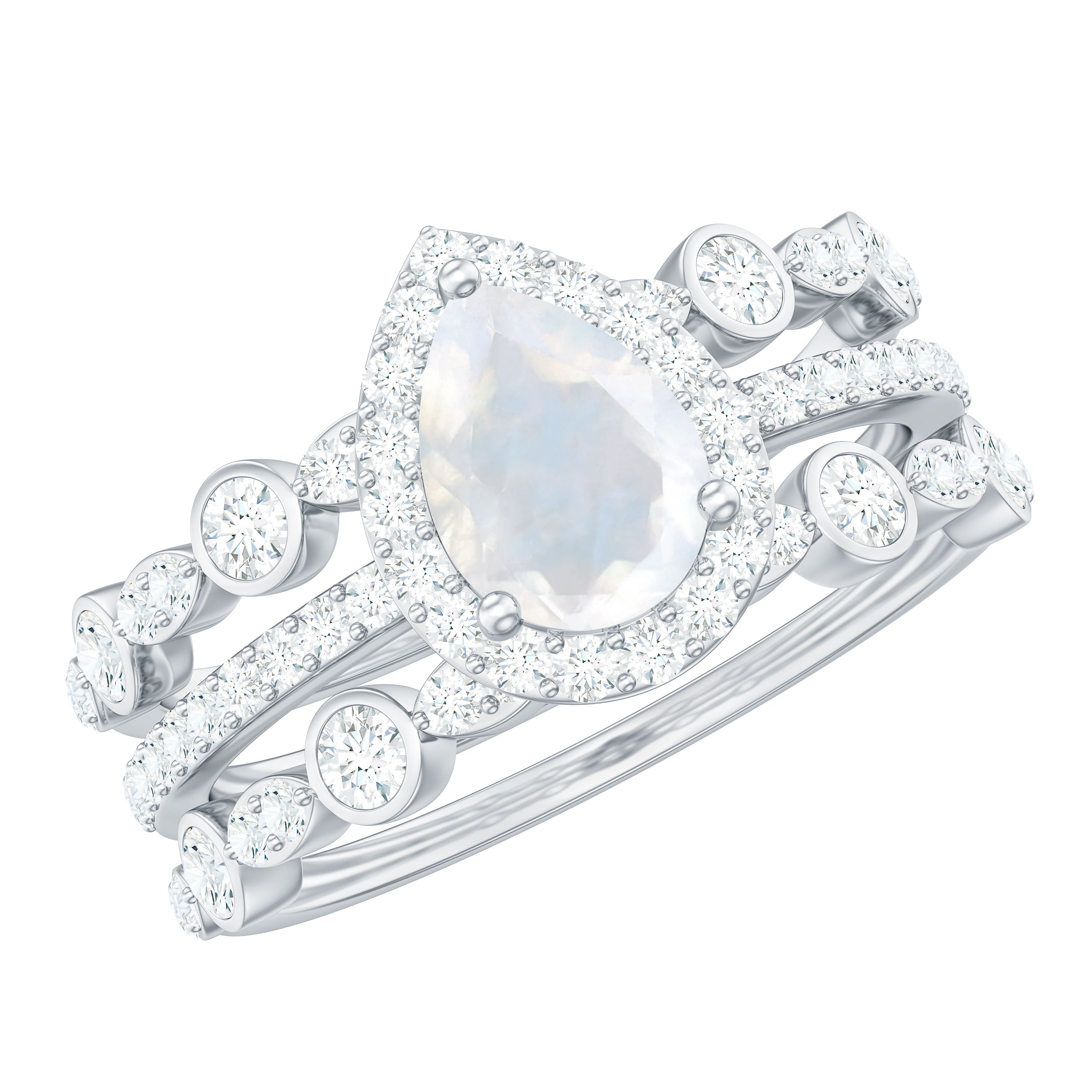 Pear Cut Moonstone Bridal Trio Ring Set with Moissanite Band AAA - Rosec Jewels