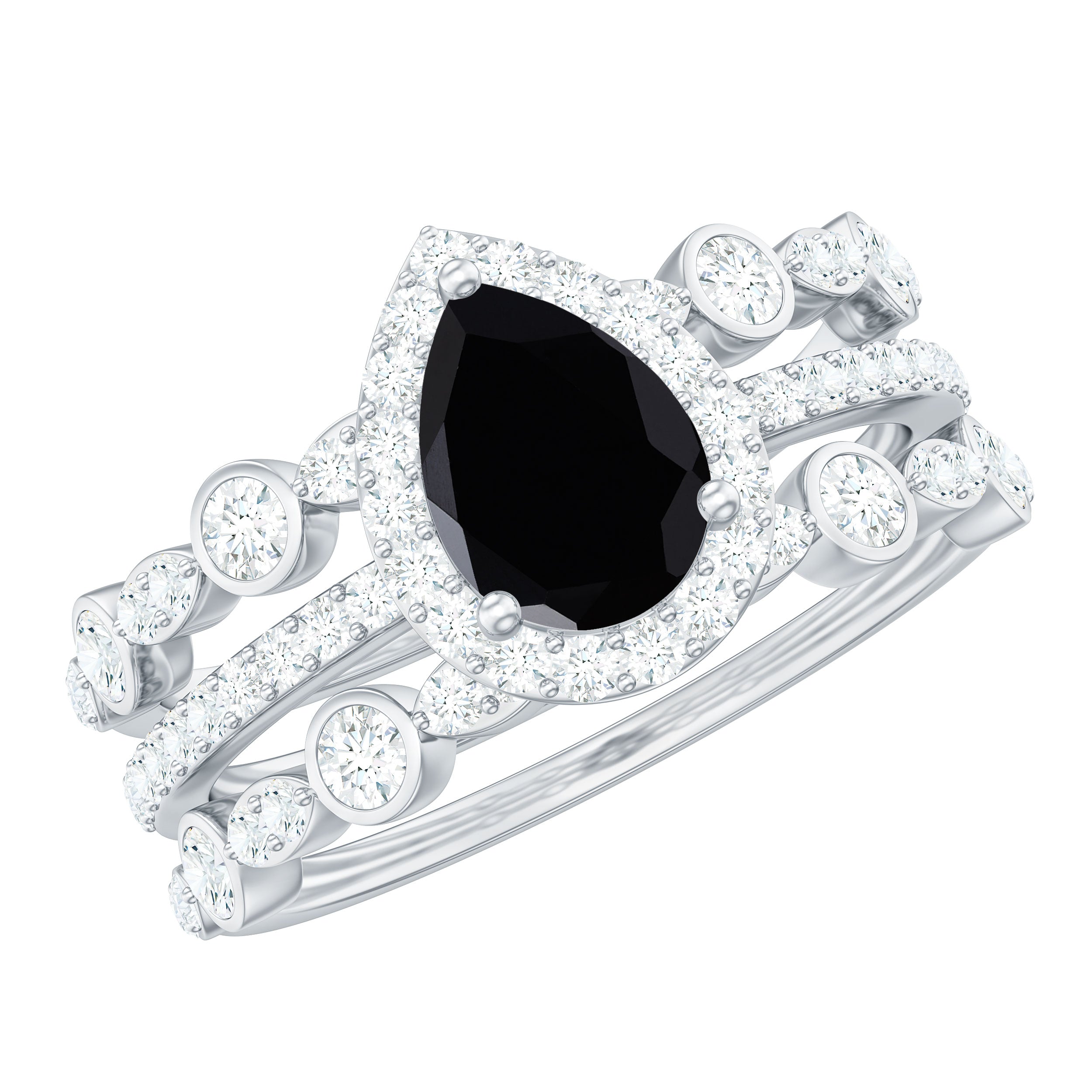 Natural Pear Shape Black Spinel Moissanite Bridal Ring Set of 3 AAA - Rosec Jewels