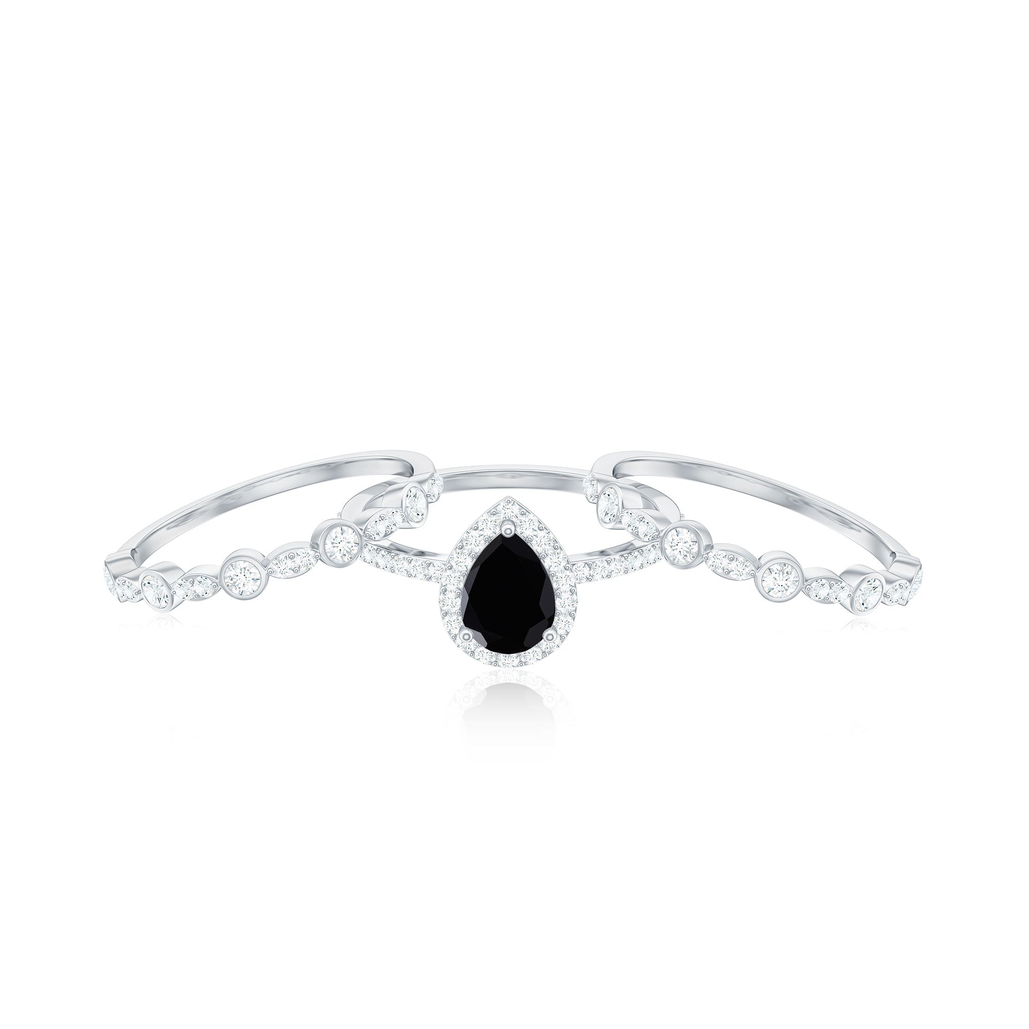 Natural Pear Shape Black Spinel Moissanite Bridal Ring Set of 3 AAA - Rosec Jewels