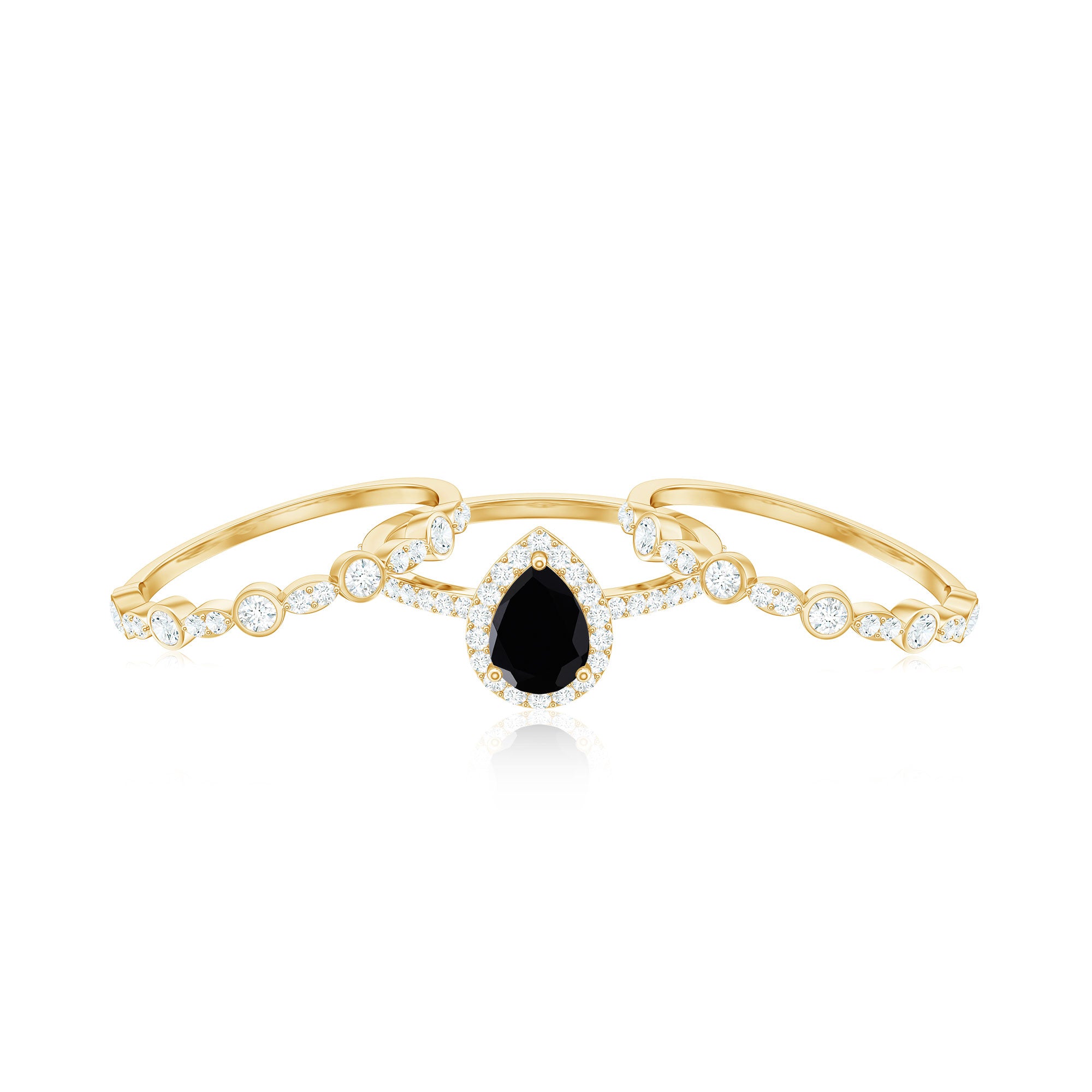 Natural Pear Shape Black Spinel Moissanite Bridal Ring Set of 3 AAA - Rosec Jewels