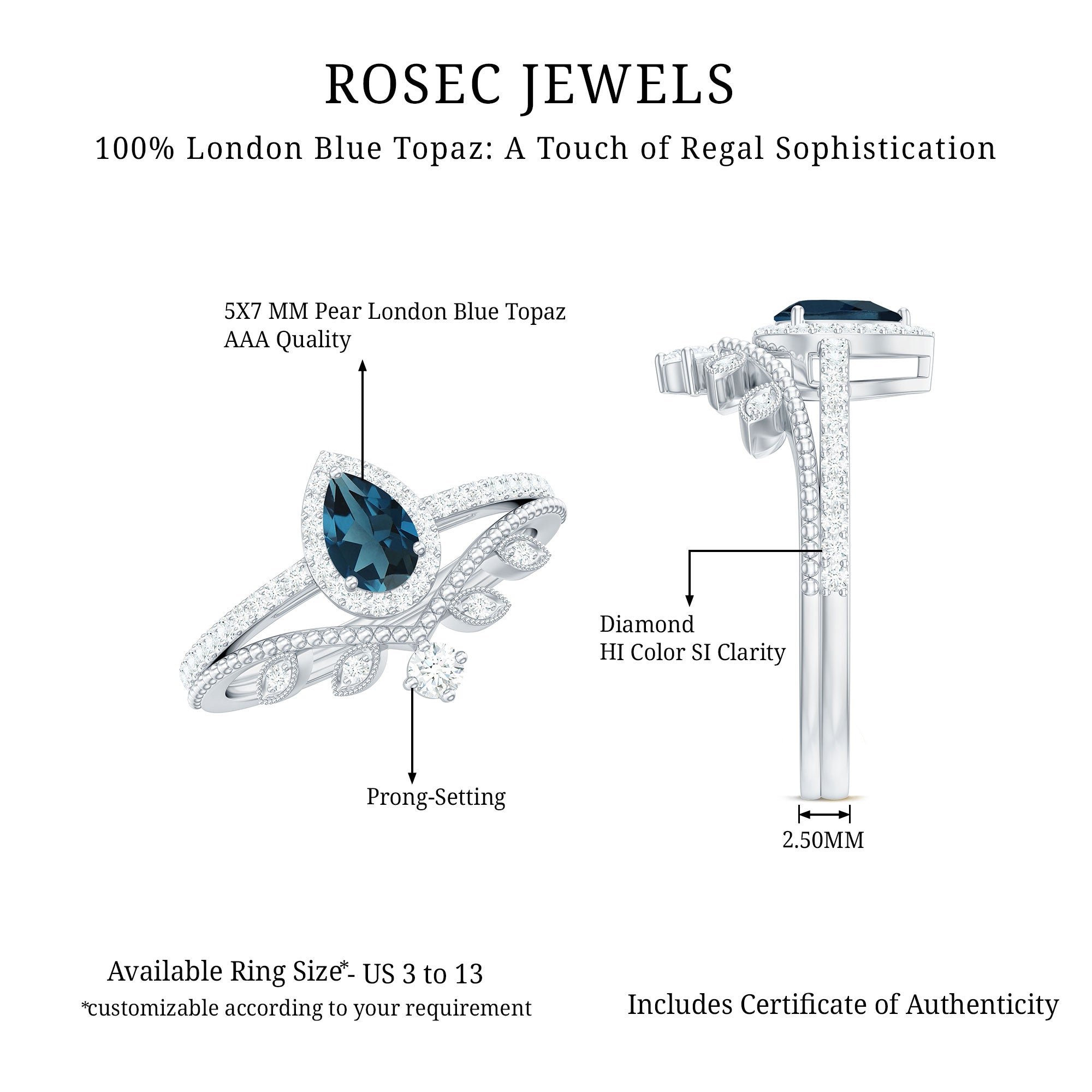 Vintage Style London Blue Topaz and Diamond Teardrop Wedding Ring Set AAA - Rosec Jewels